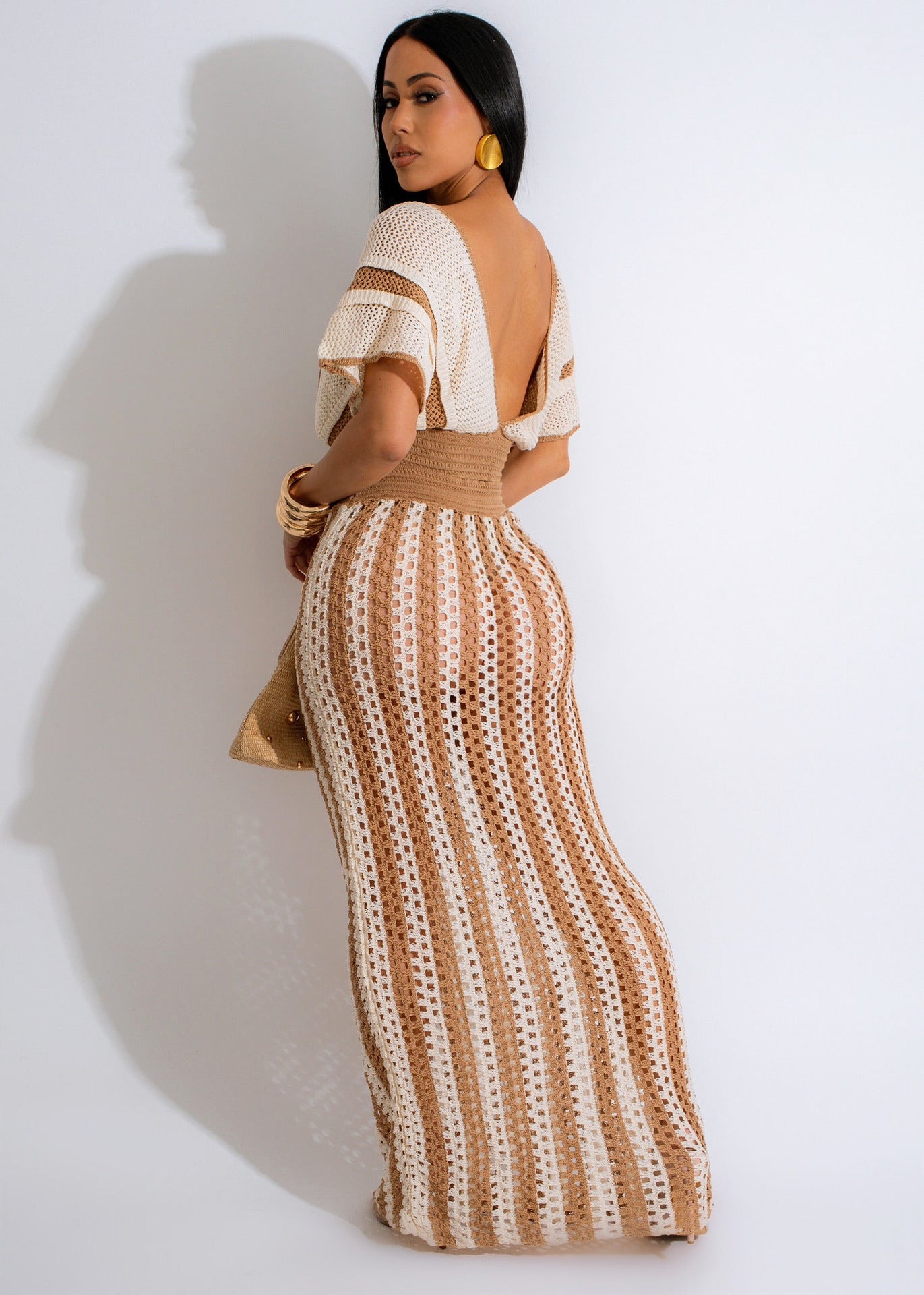 V Neck Knitted Hollow Out Skirt Set