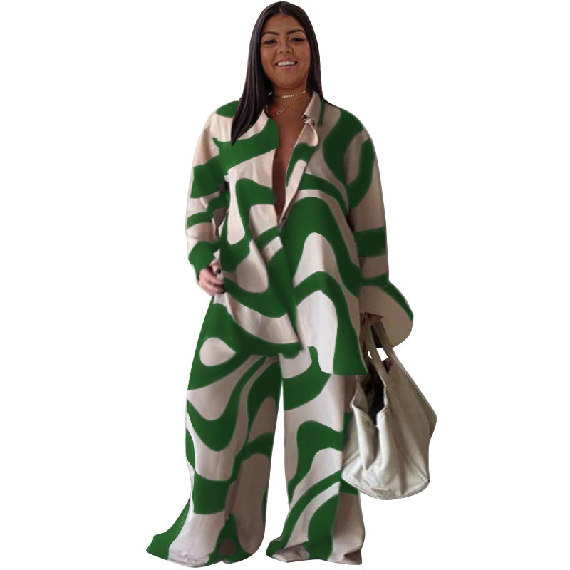 Printed Loose Long Sleeves Shirt Straight Leg Trousers Set