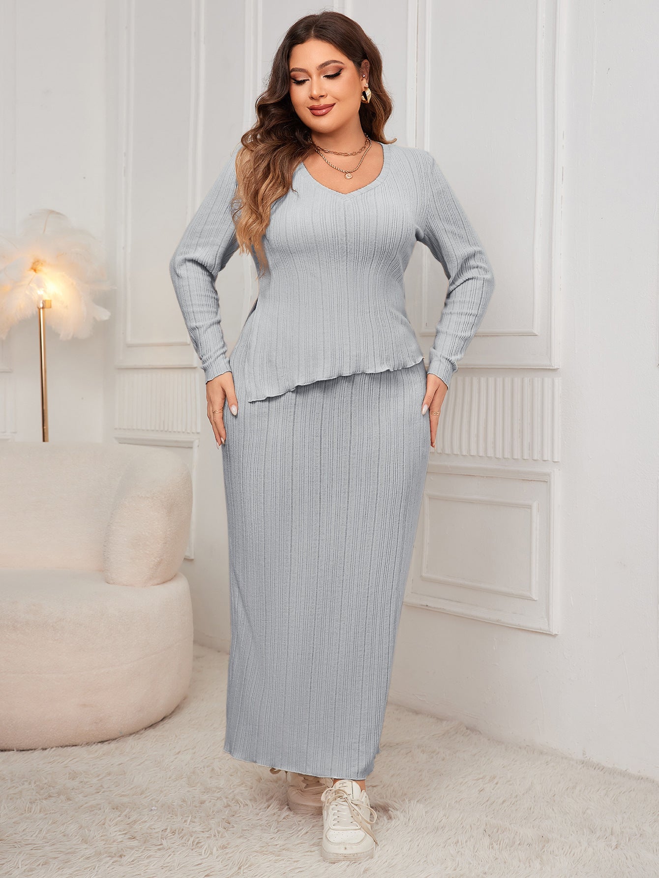 Loose Long Sleeve Irregular Asymmetric Hem Hip Skirt Set