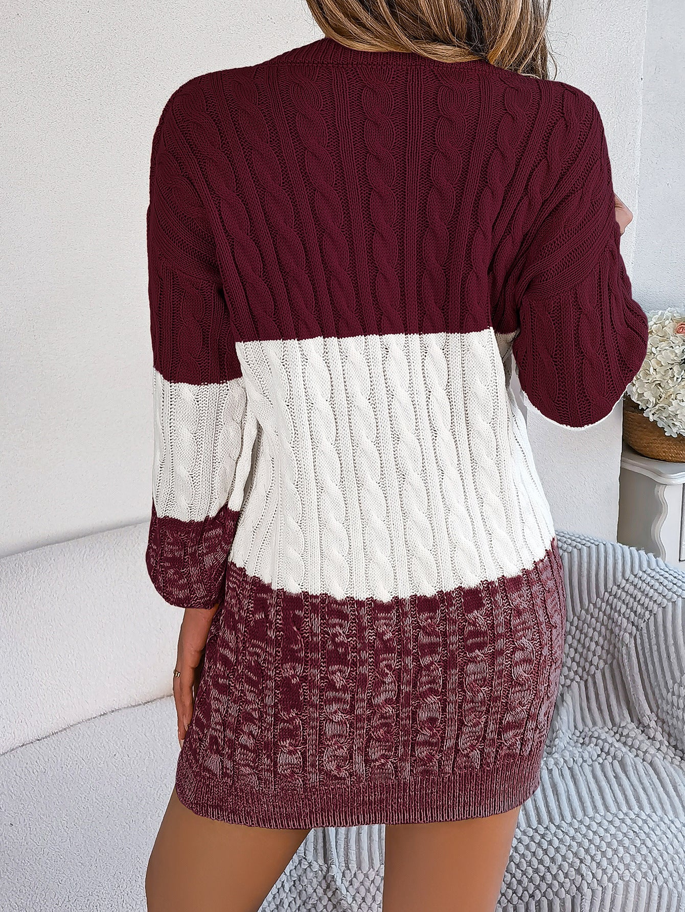 Woolen Twist Lantern Sleeve Sweater Dress
