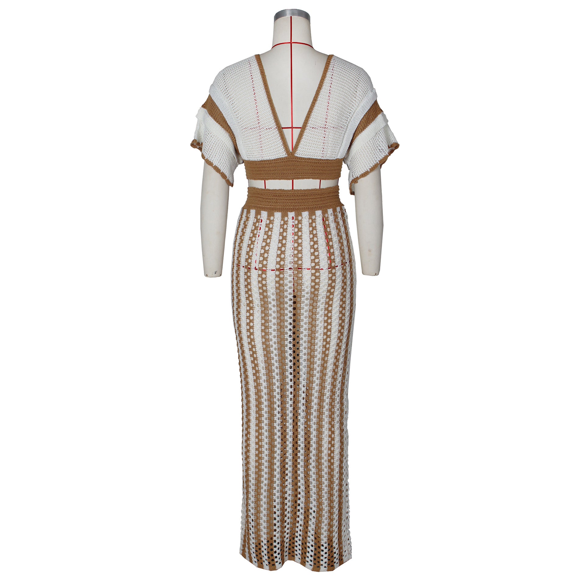 V Neck Knitted Hollow Out Skirt Set