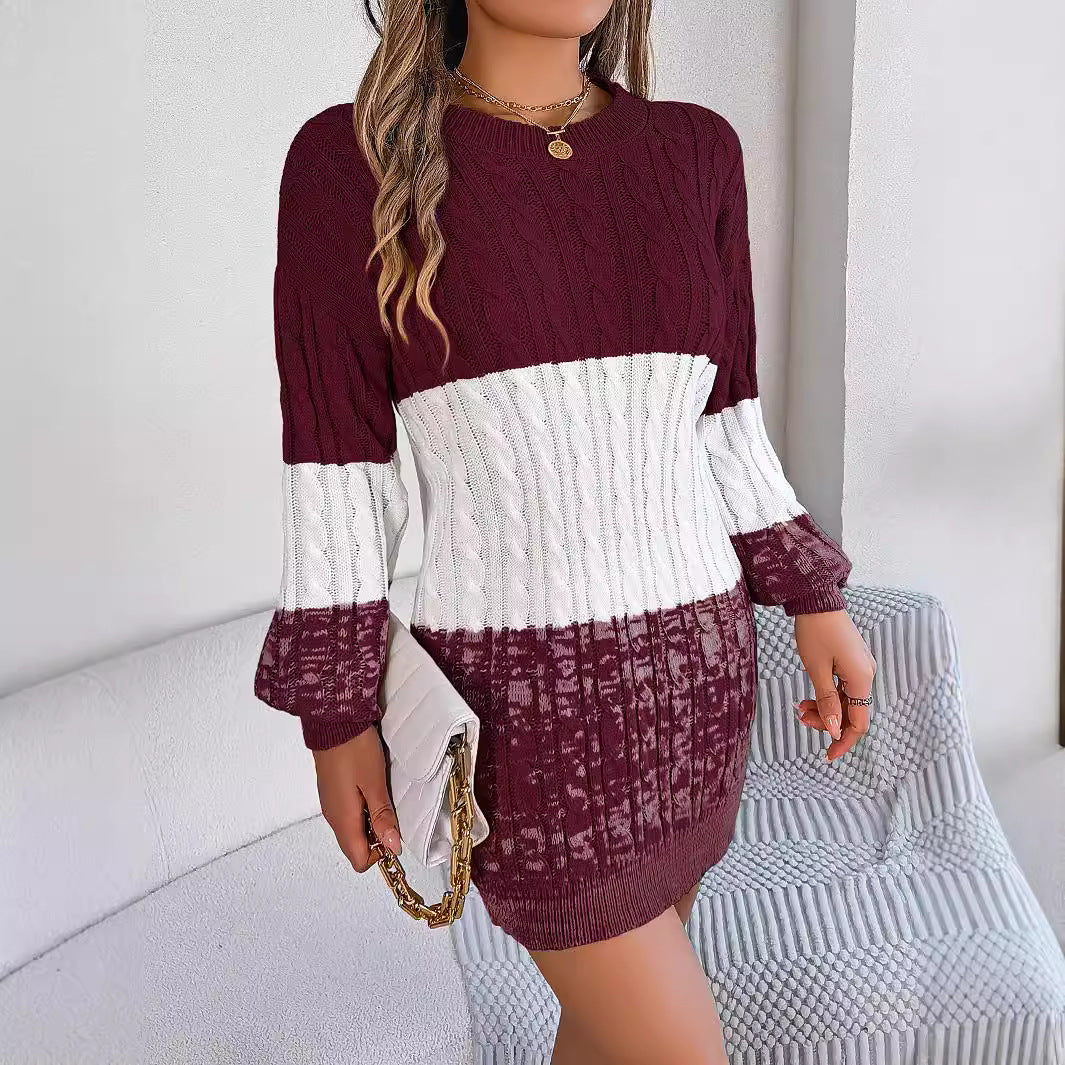 Woolen Twist Lantern Sleeve Sweater Dress
