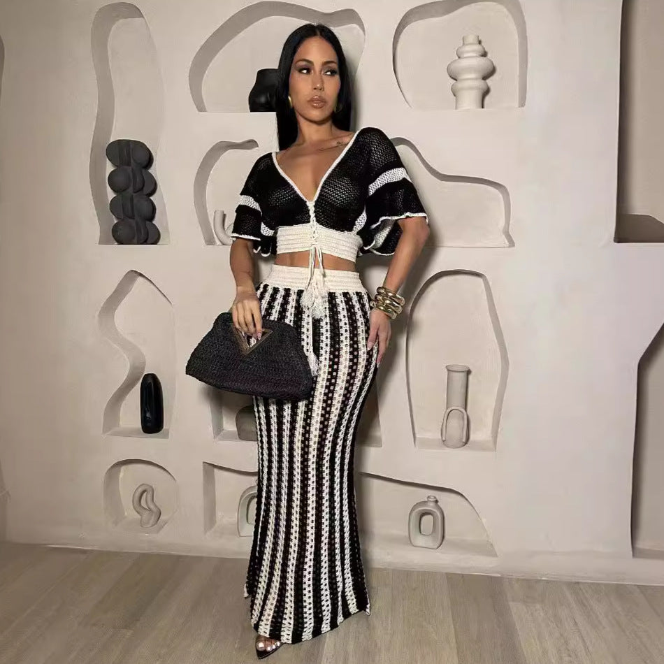 V Neck Knitted Hollow Out Skirt Set