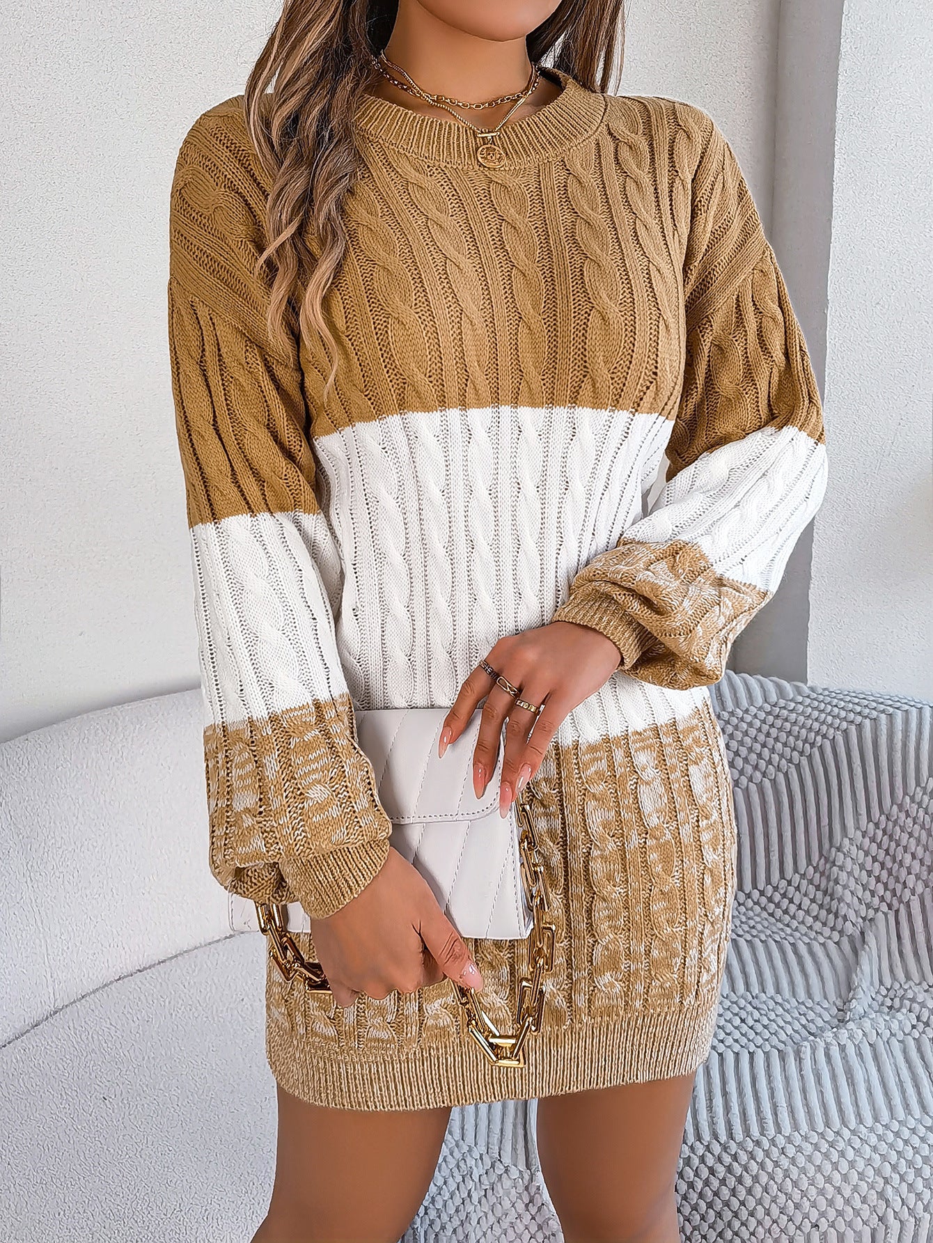 Woolen Twist Lantern Sleeve Sweater Dress