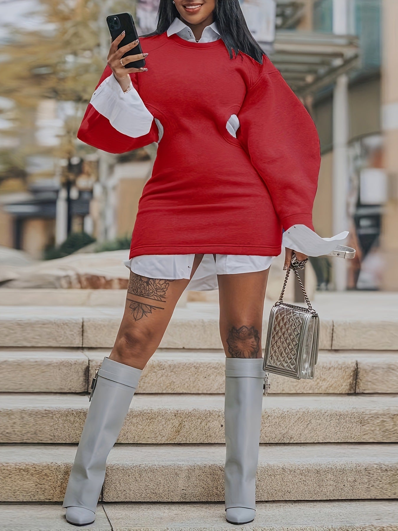 Sexy red lantern sleeve sweater dress, cutout details, crew neck, perfect for parties.