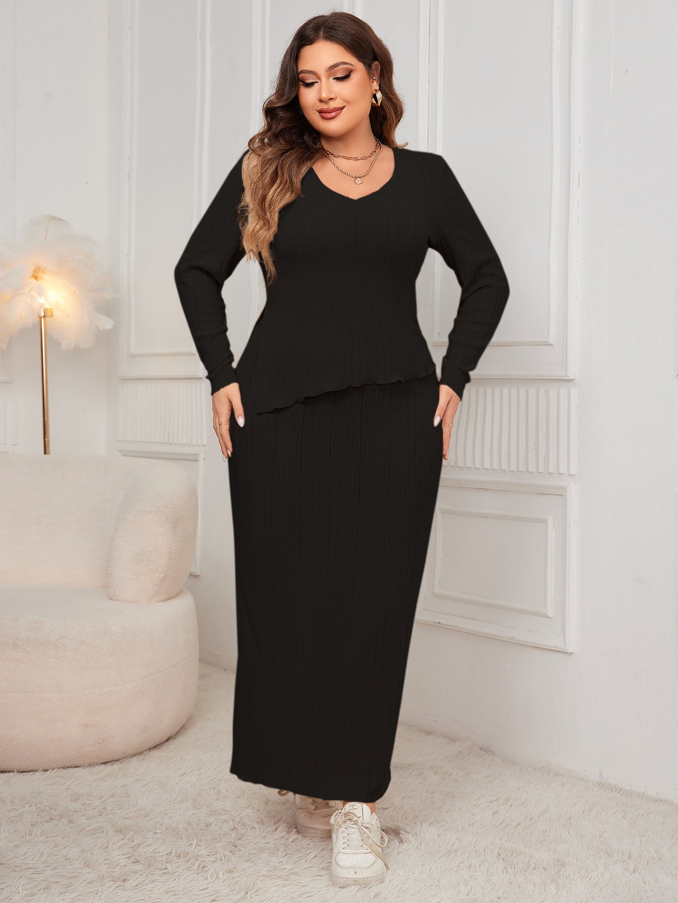 Loose Long Sleeve Irregular Asymmetric Hem Hip Skirt Set