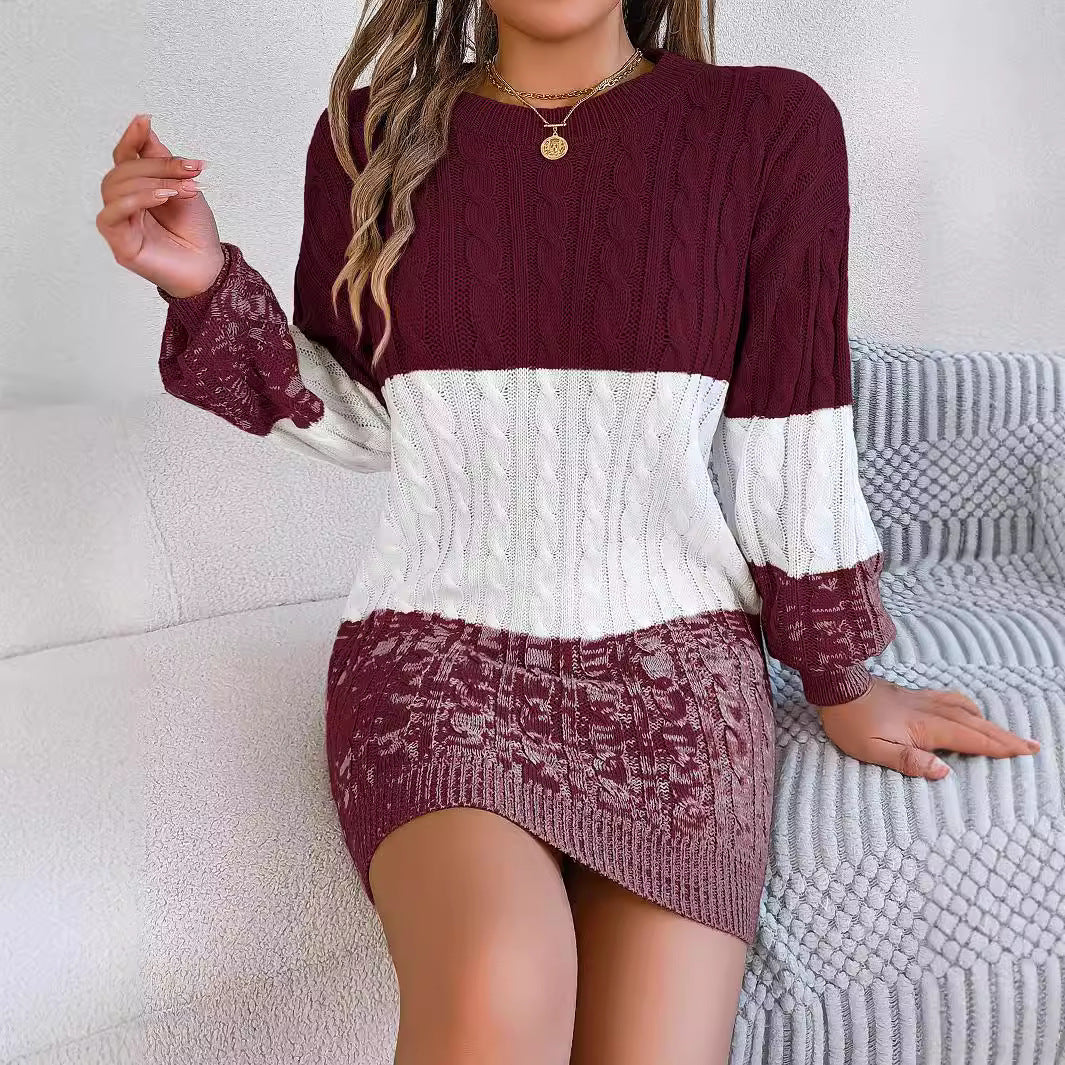 Woolen Twist Lantern Sleeve Sweater Dress
