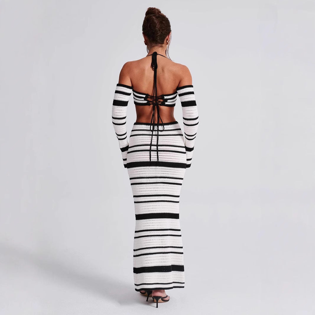 Long Sleeve Halter Top Skirt Two Piece