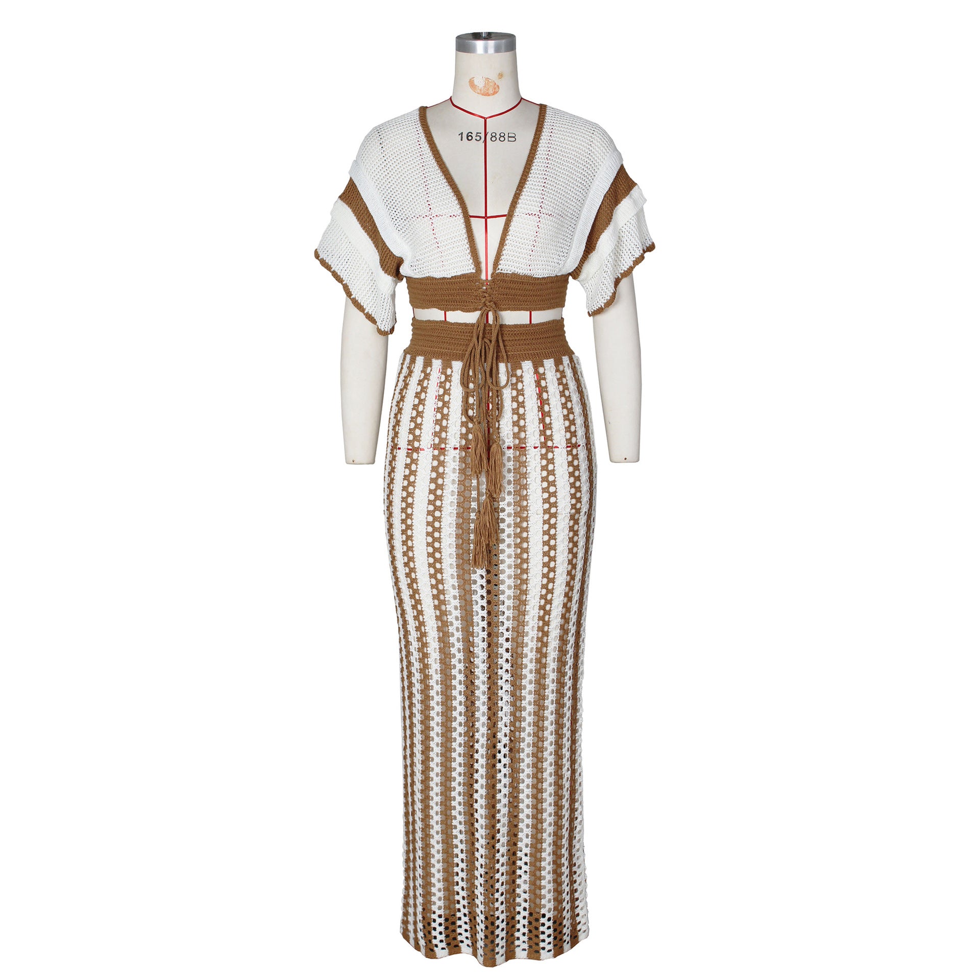 V Neck Knitted Hollow Out Skirt Set