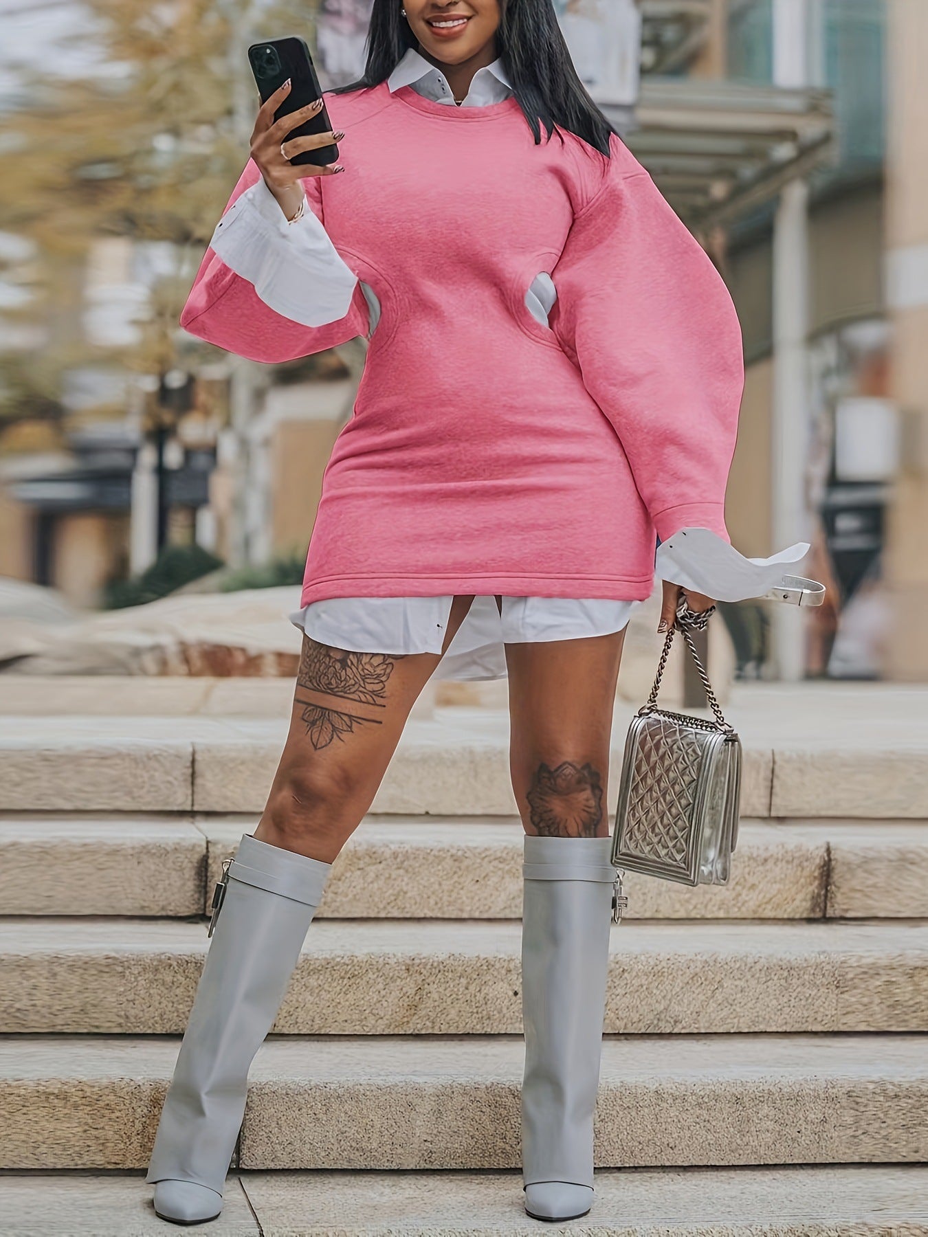 Hollow Out Lantern Sleeve Sweater Dress