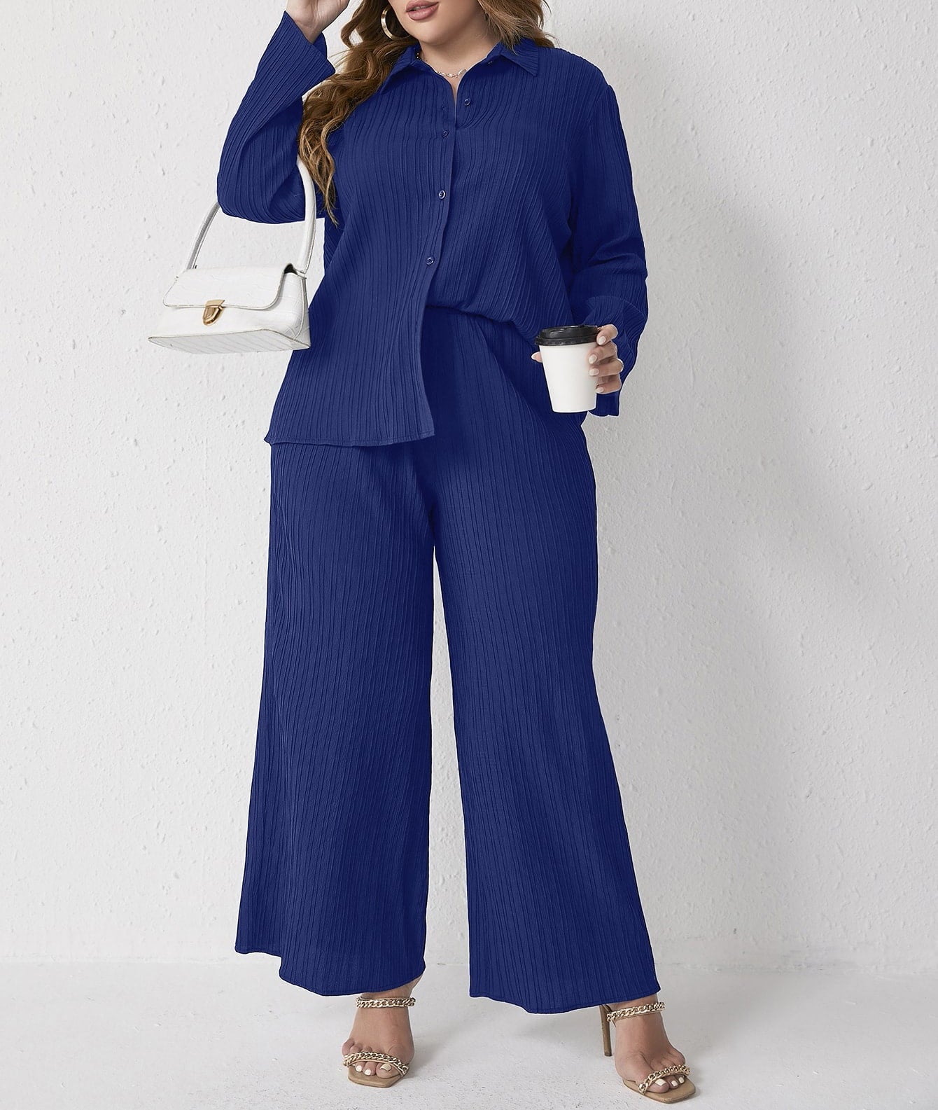 Pleated Casual Loose Shirt High Waist Trousers Two Piece Set