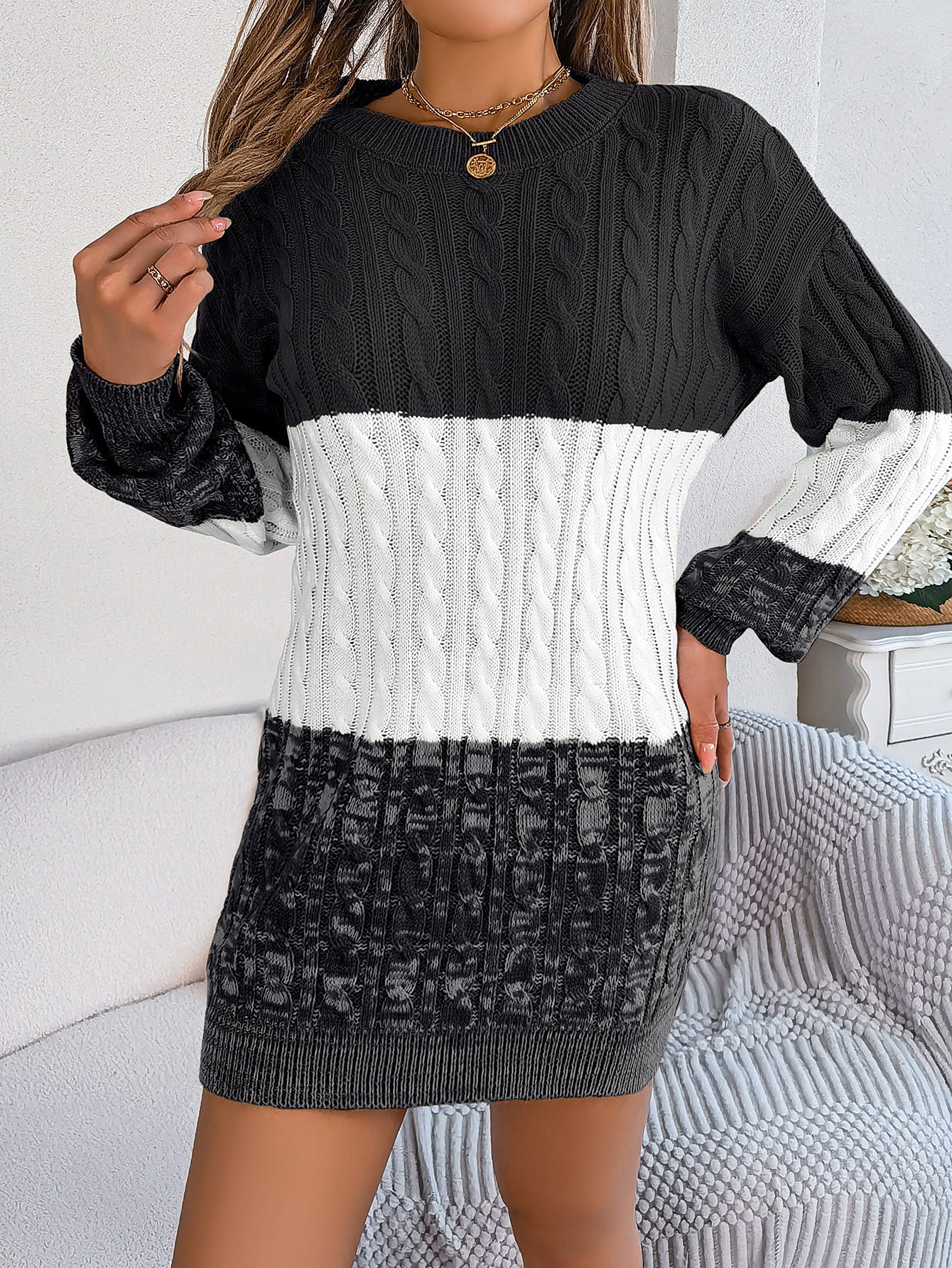 Woolen Twist Lantern Sleeve Sweater Dress