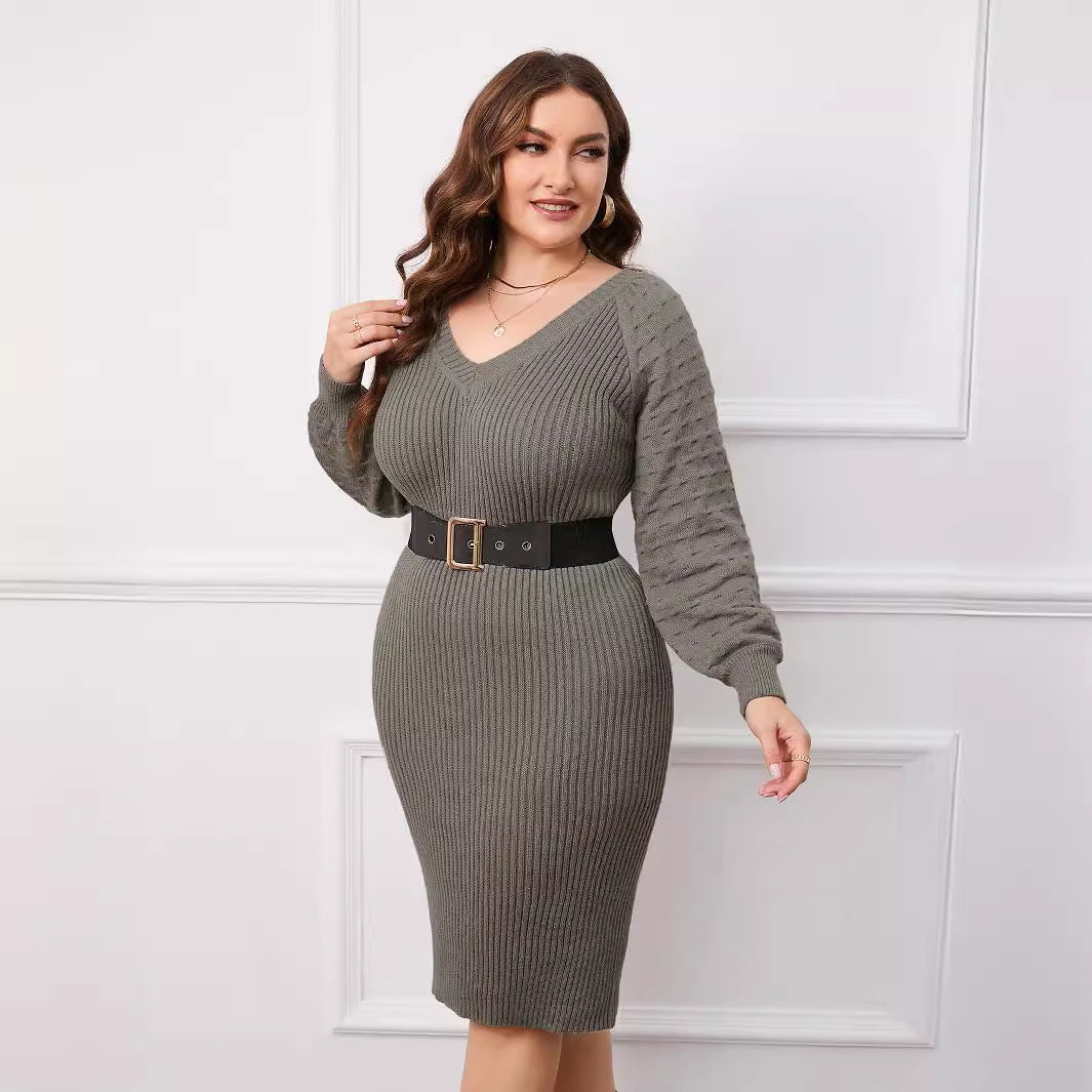 One Piece Woolen V Neck Knitted Sweater Dress