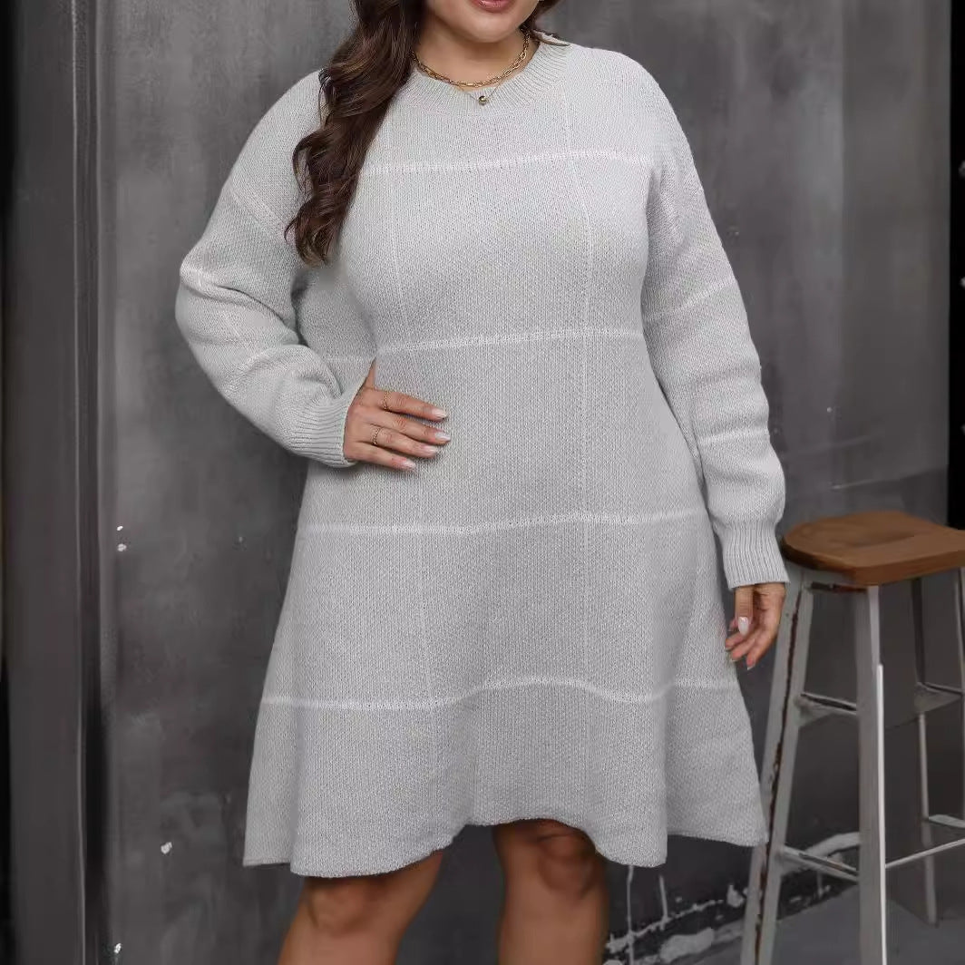 Plus size woolen striped color patchwork dress, elegant A-line sweater dress, crew neck, long sleeves, knee length, fall/winter fashion.