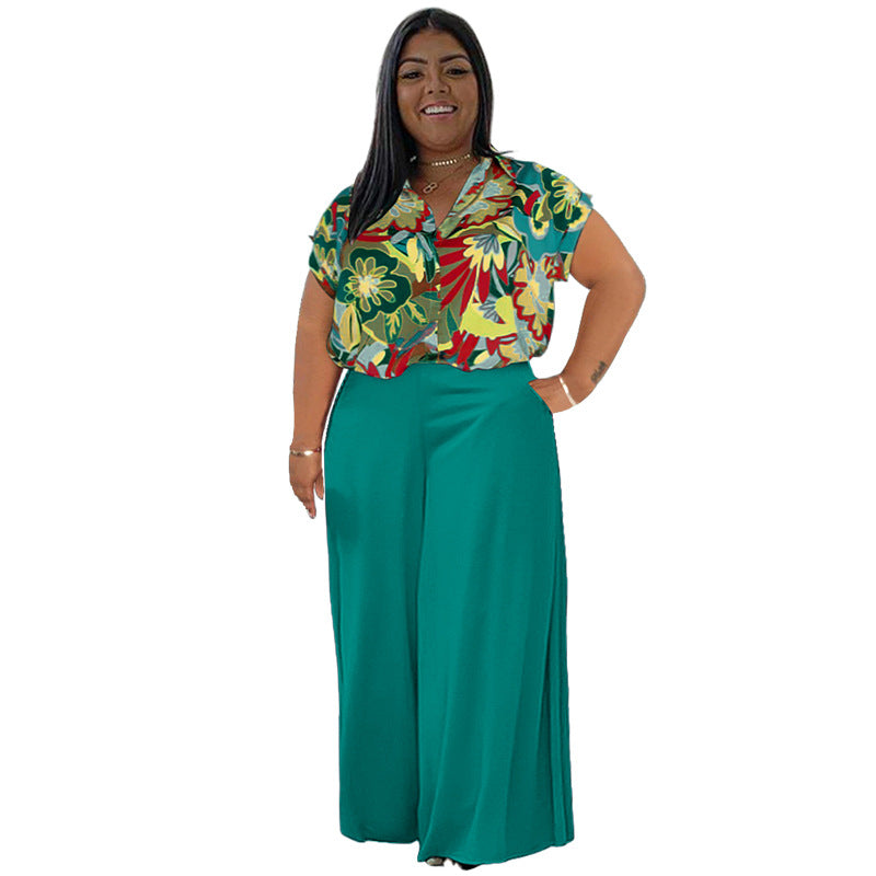 Plus size floral printed summer trousers suit set with collared top and high-rise loose pants.