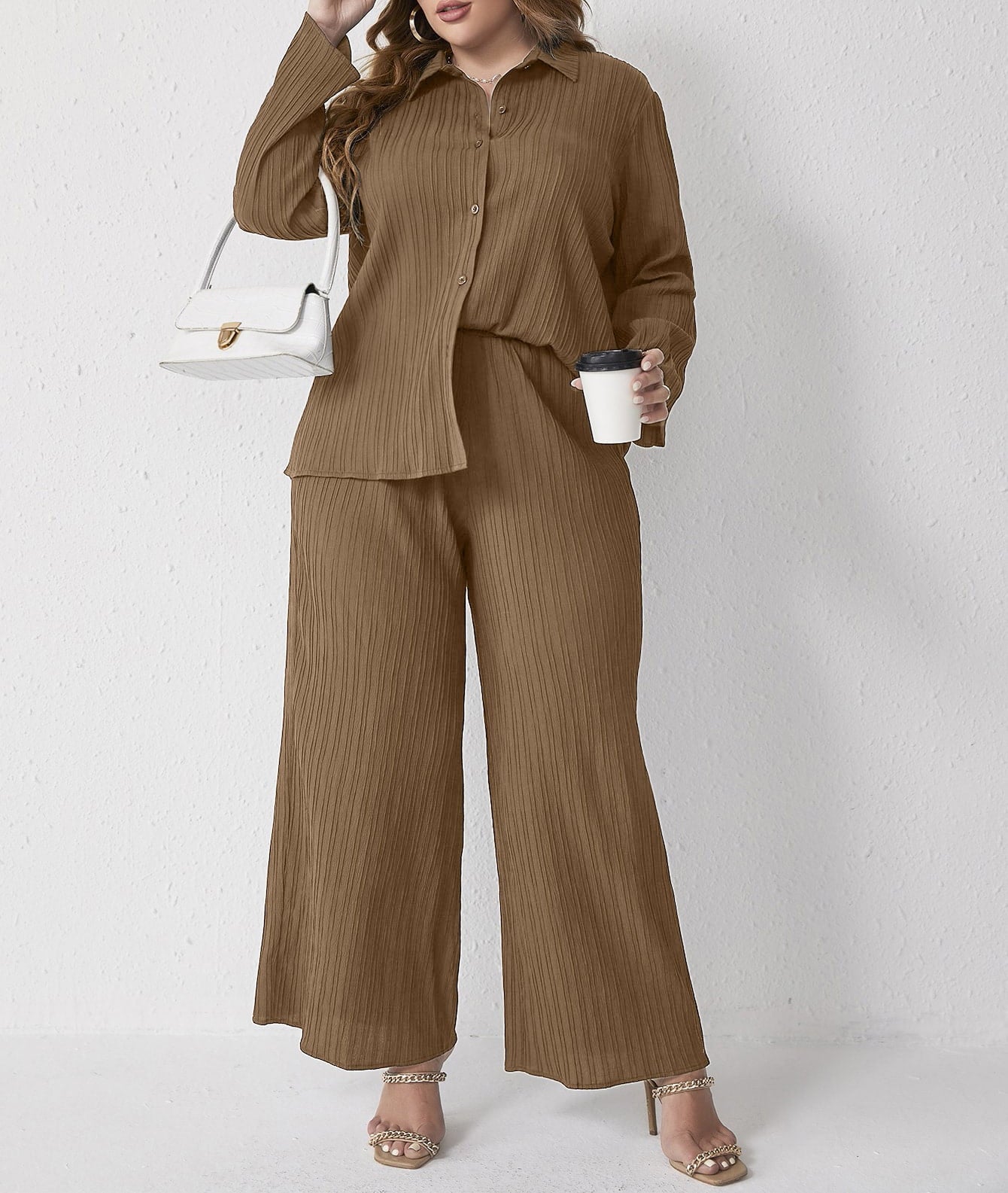 Pleated Casual Loose Shirt High Waist Trousers Two Piece Set