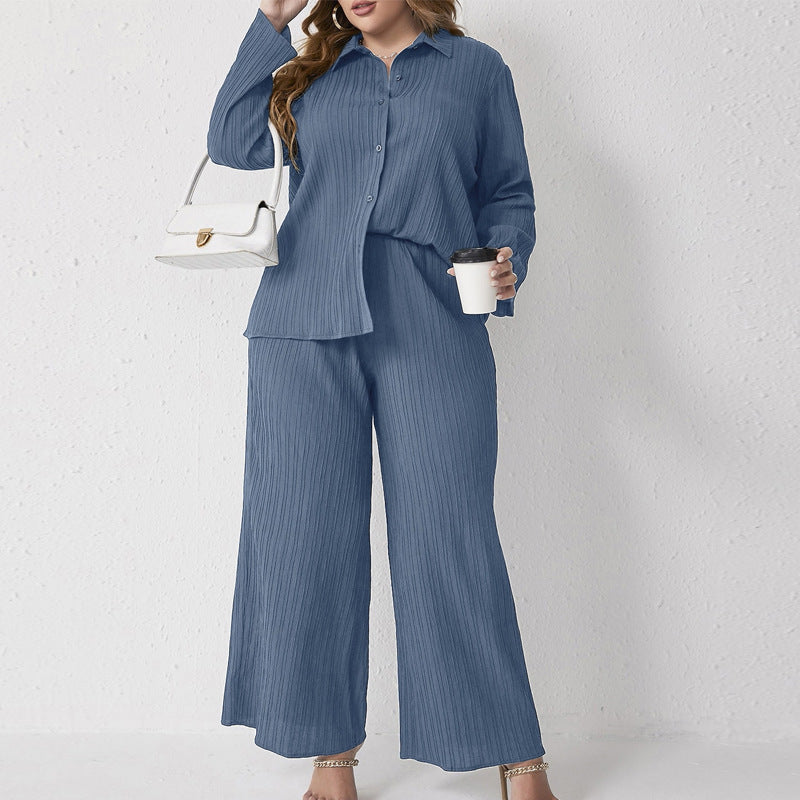 Pleated Casual Loose Shirt High Waist Trousers Two Piece Set
