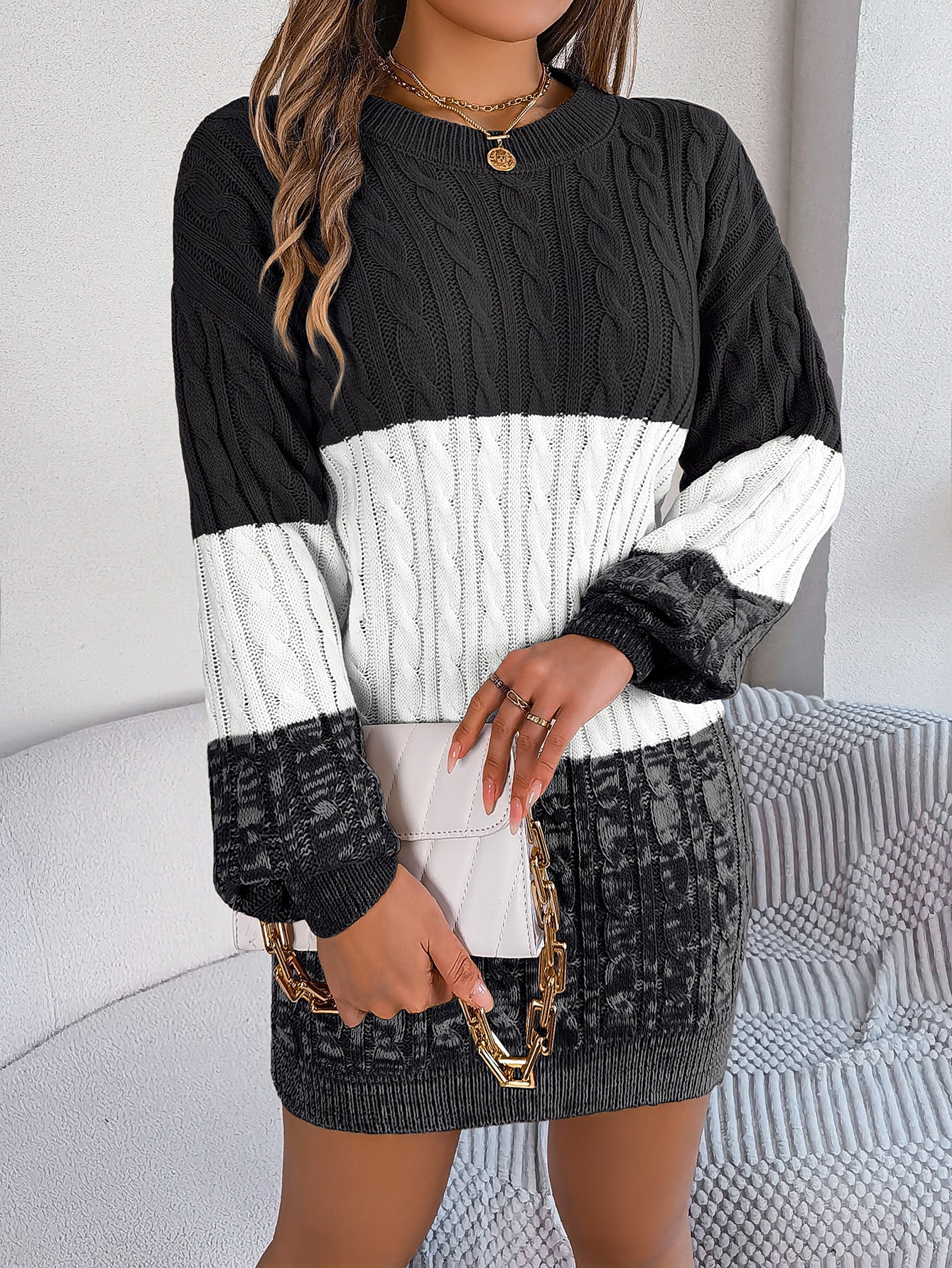 Woolen Twist Lantern Sleeve Sweater Dress