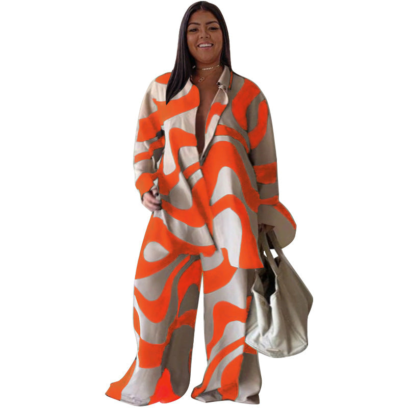Printed Loose Long Sleeves Shirt Straight Leg Trousers Set