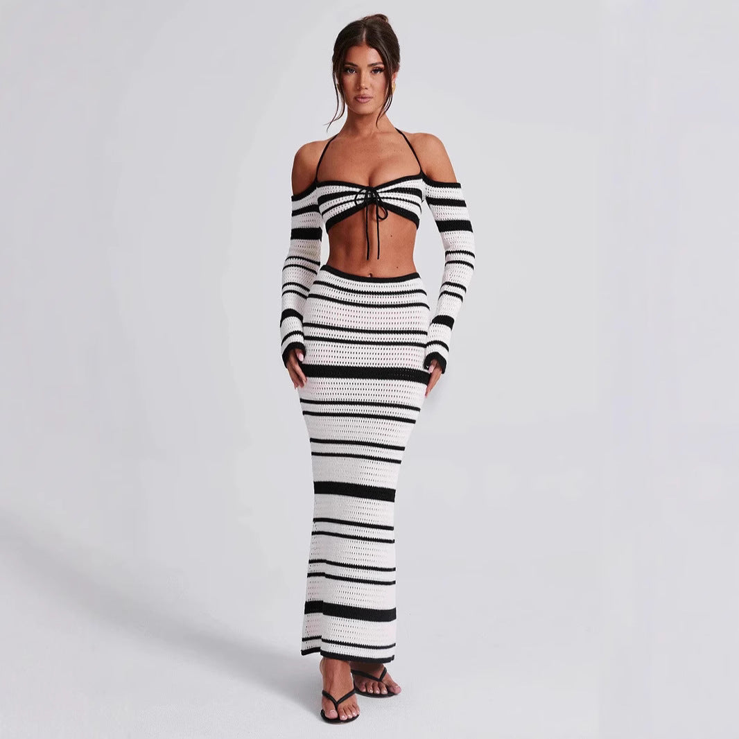 Long Sleeve Halter Top Skirt Two Piece
