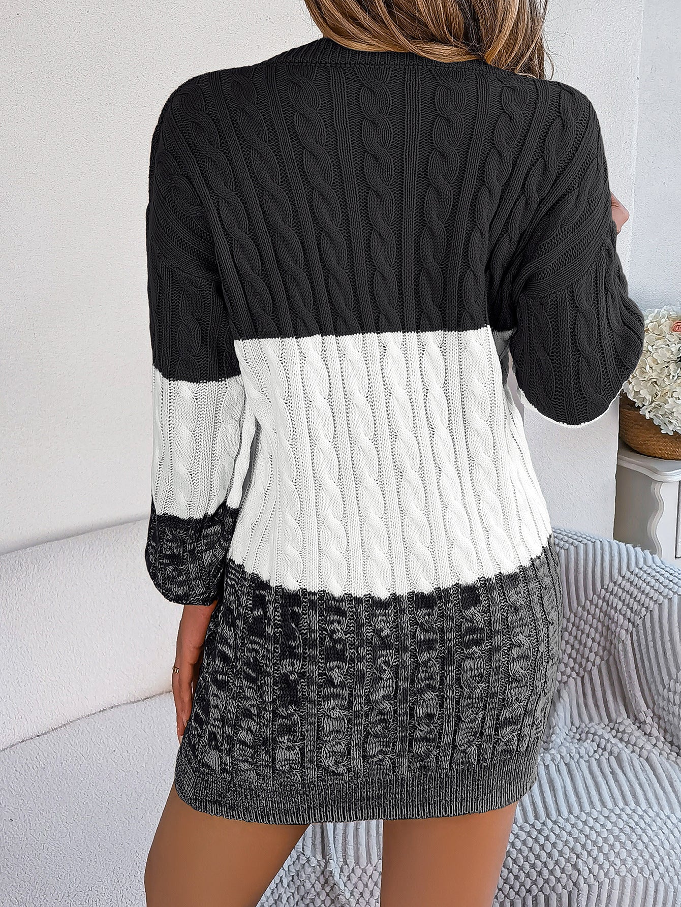 Woolen Twist Lantern Sleeve Sweater Dress