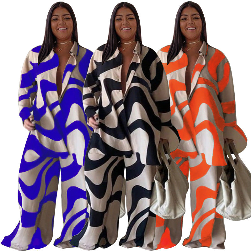 Printed Loose Long Sleeves Shirt Straight Leg Trousers Set