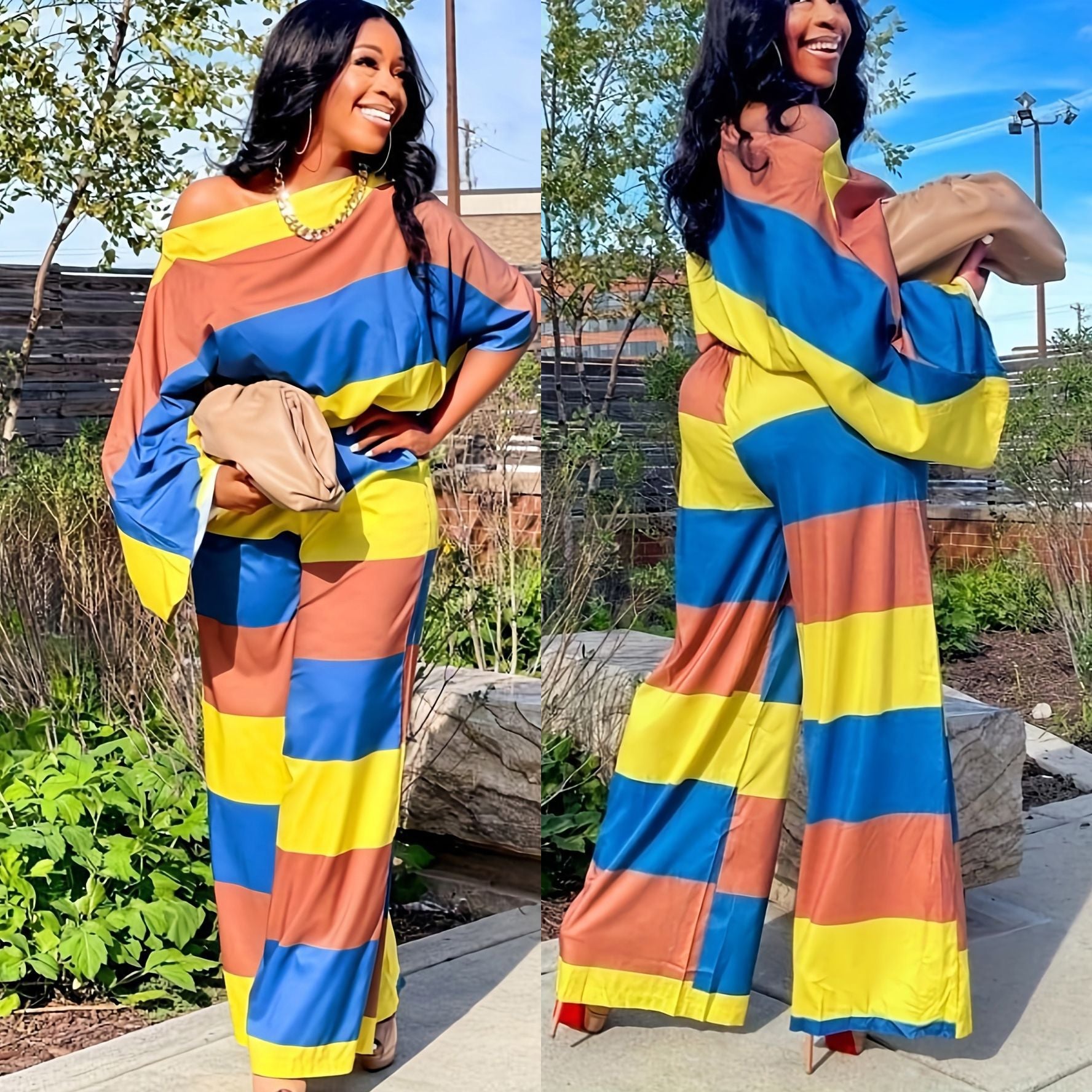 Loose Oversized Long Sleeves Suit Printed Shoulder Two Piece Set