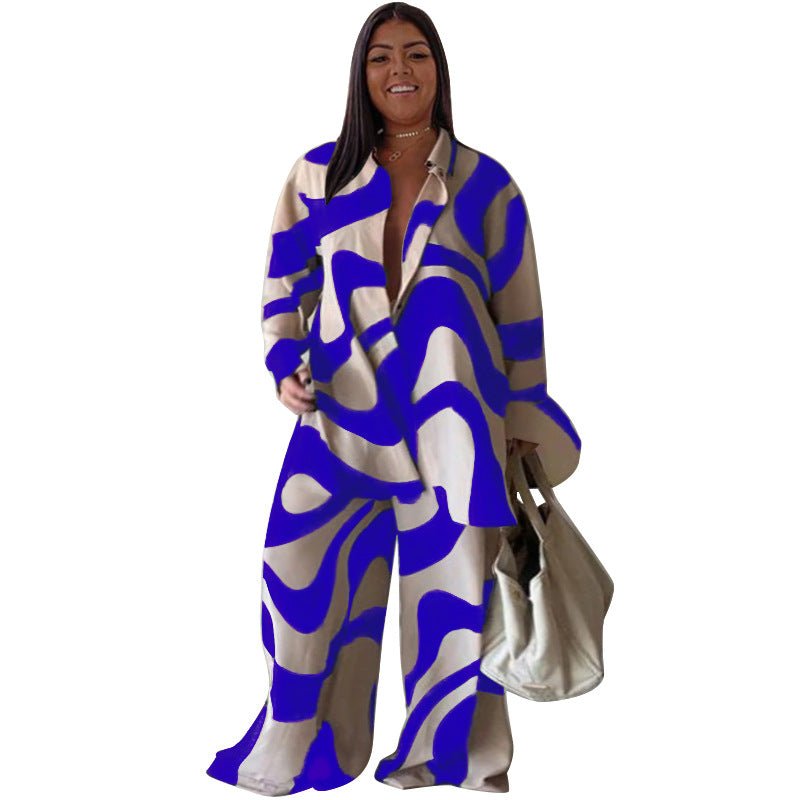 Printed Loose Long Sleeves Shirt Straight Leg Trousers Set