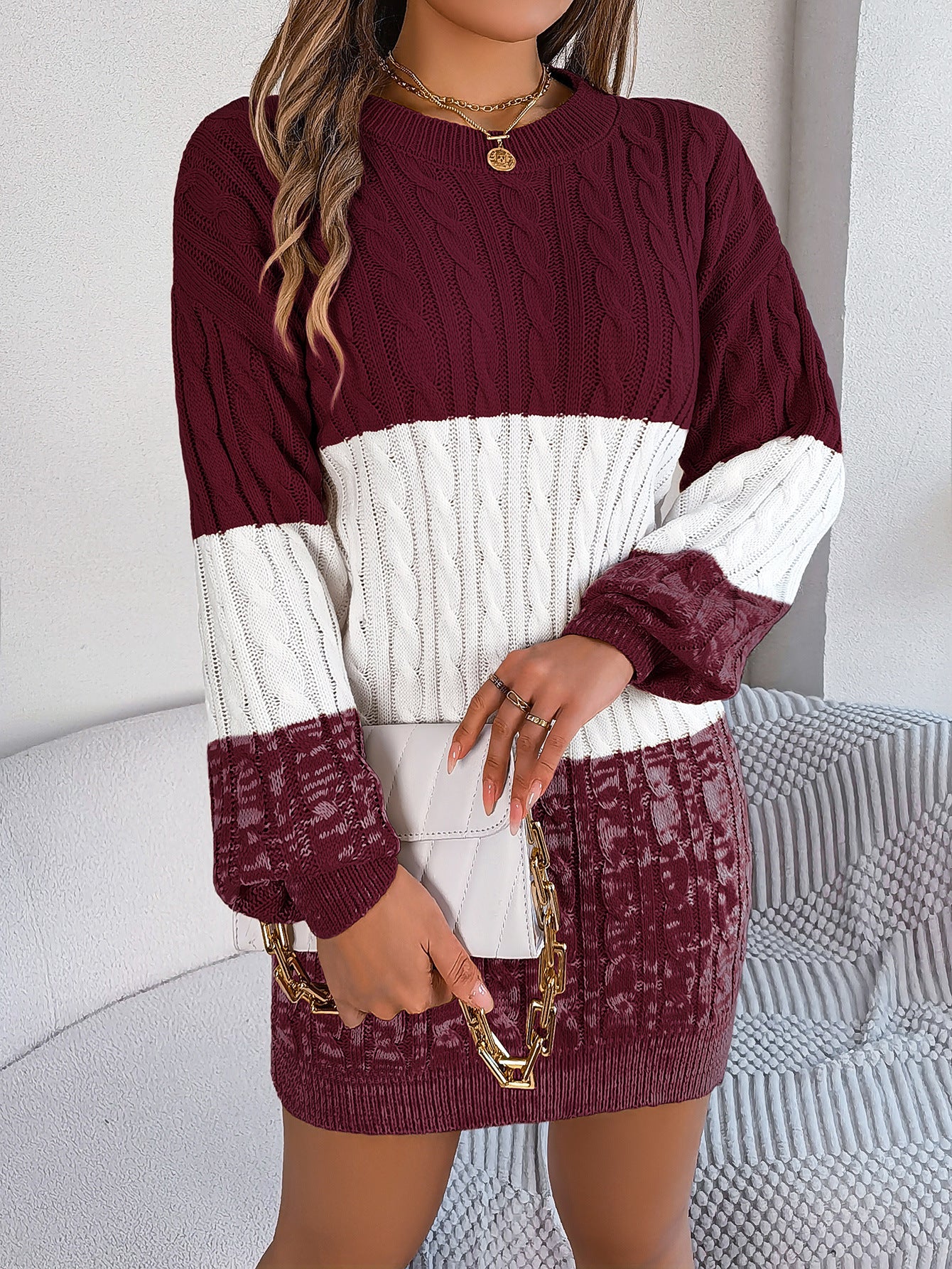 Woolen Twist Lantern Sleeve Sweater Dress