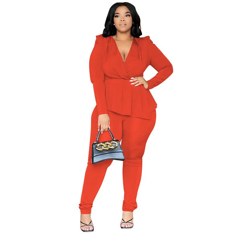 African Deep V Plunge Neck Pencil Pants Set