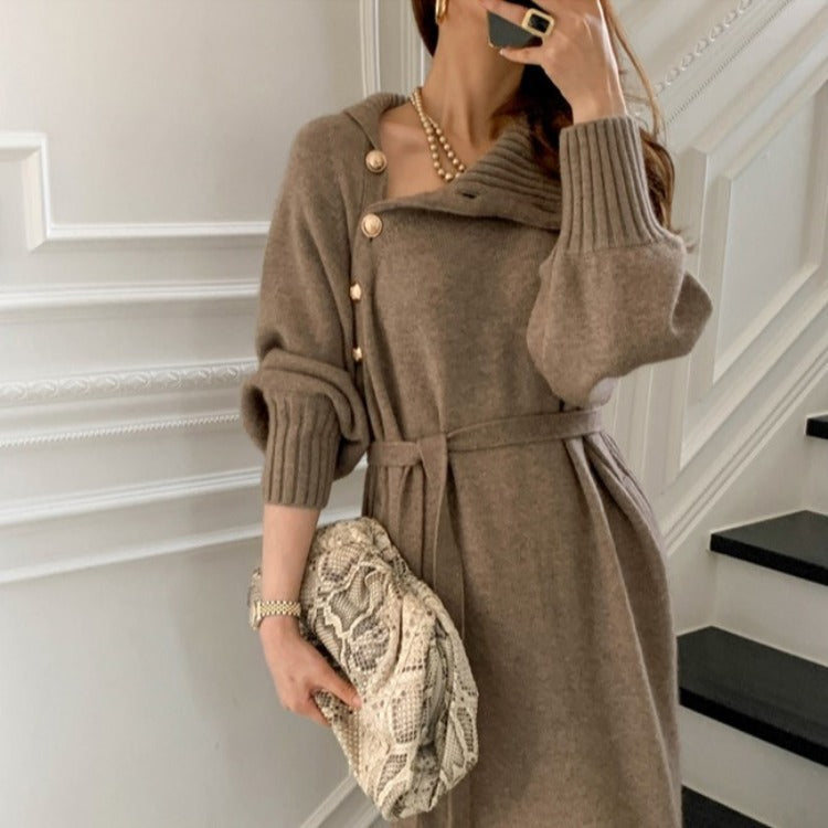Knitted Japanese Korean Lace up Sweater Dress