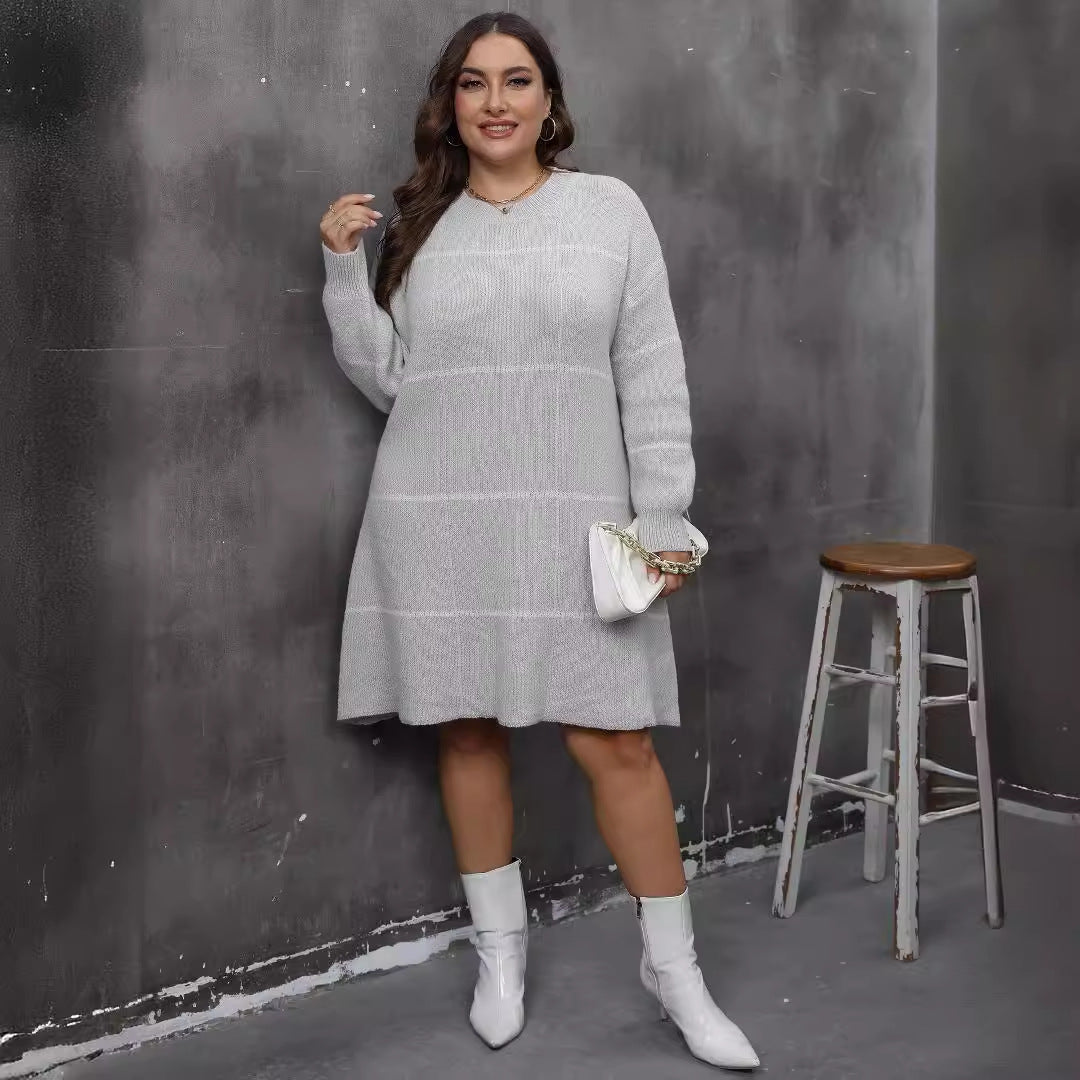 Plus Size Woolen Striped Color Patchwork Dress