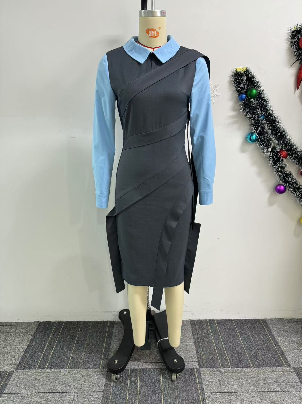 Contrast False Two Piece Ribbon Dress