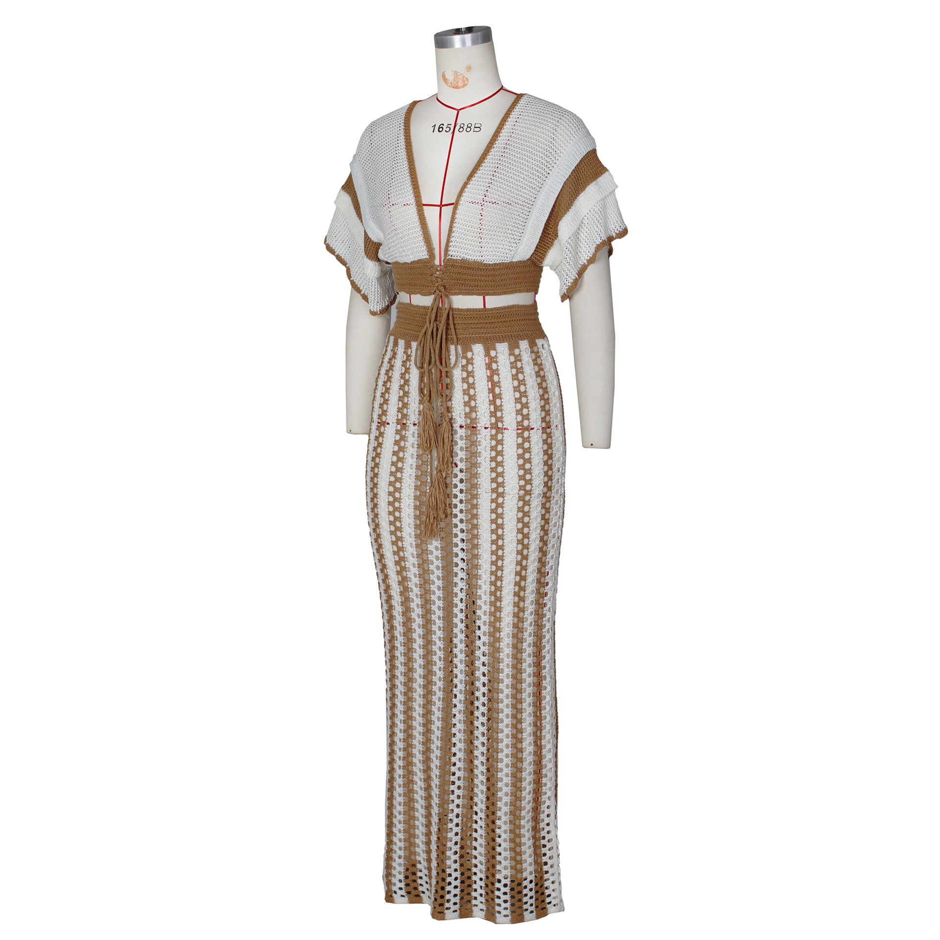 V Neck Knitted Hollow Out Skirt Set
