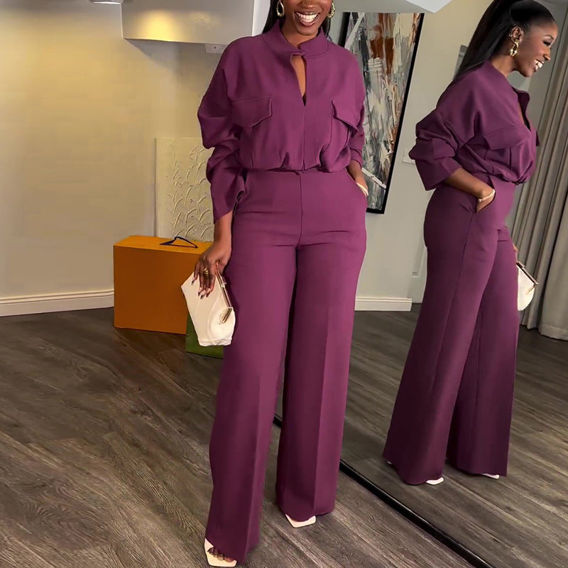 Casual V Neck Long Sleeve Wide Leg Trousers Suit