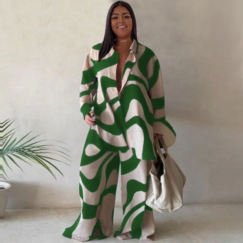 Printed Loose Long Sleeves Shirt Straight Leg Trousers Set