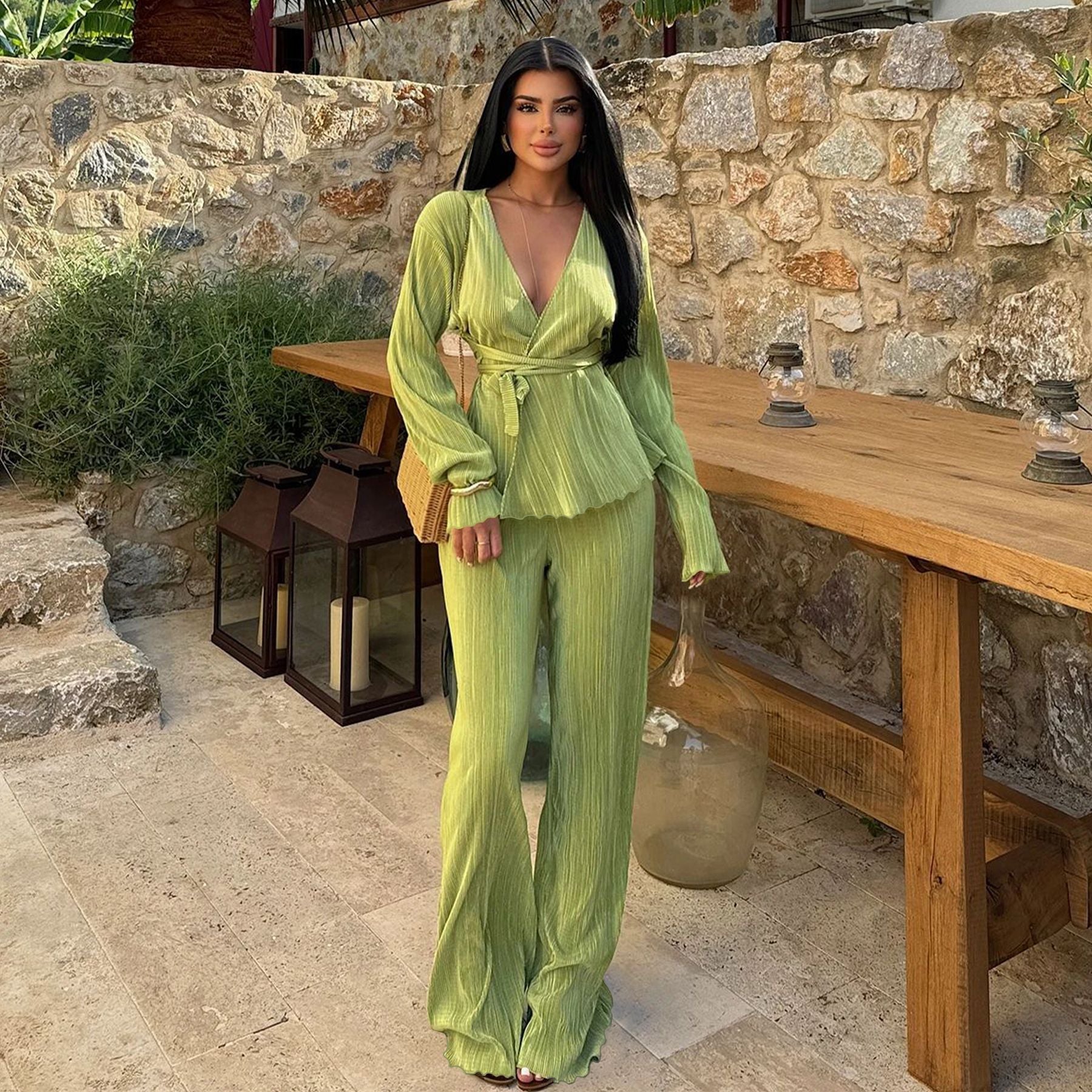 V Neck Long Sleeve Cardigan Casual Two Piece Set