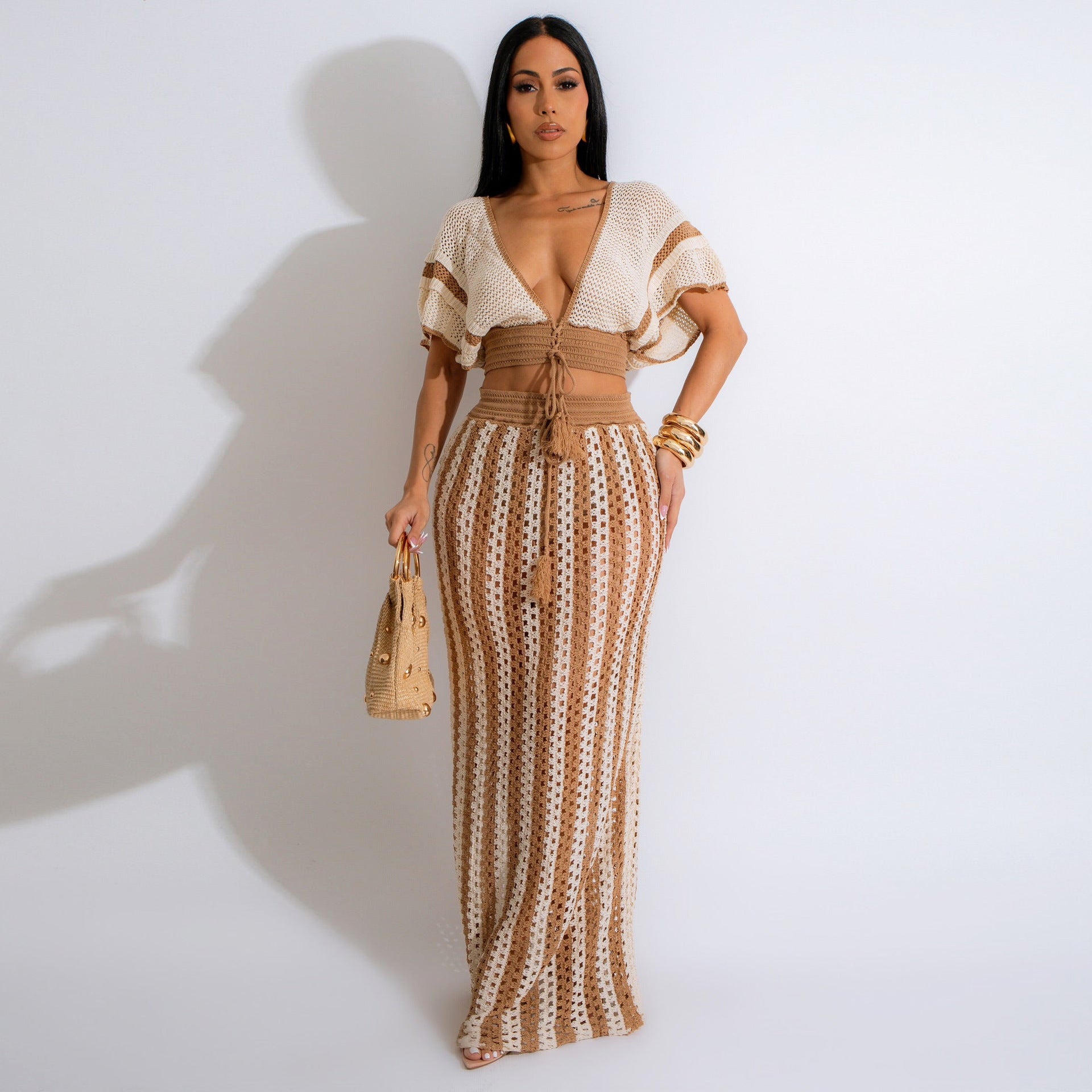 V Neck Knitted Hollow Out Skirt Set