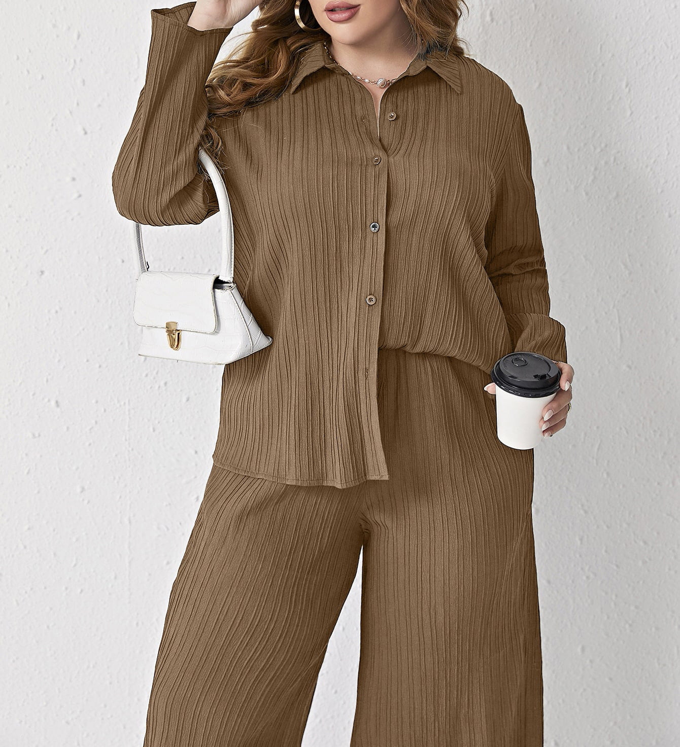 Pleated Casual Loose Shirt High Waist Trousers Two Piece Set