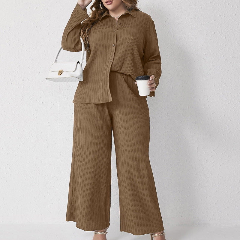 Pleated Casual Loose Shirt High Waist Trousers Two Piece Set
