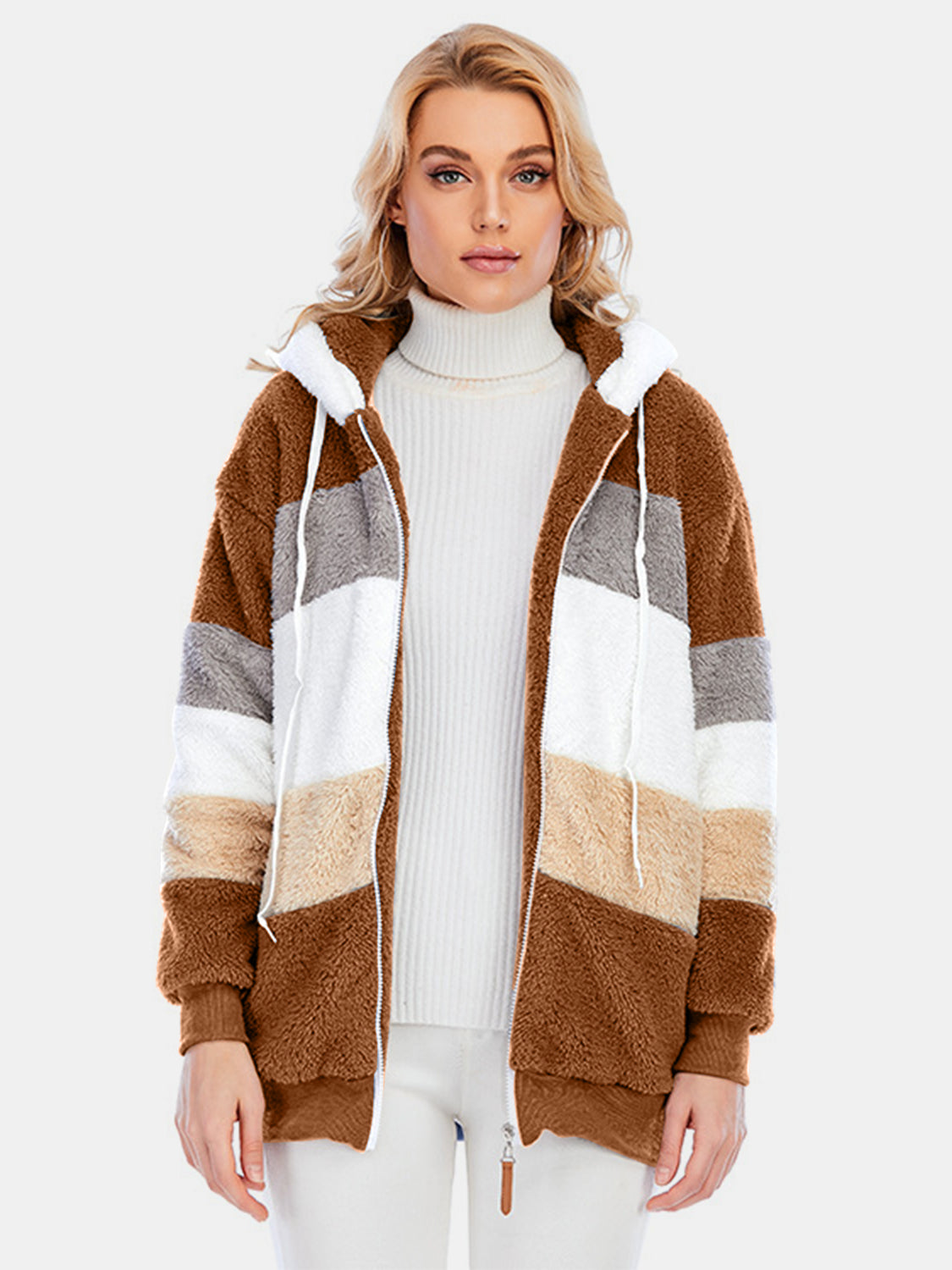 Full Size Drawstring Color Block Zip Up