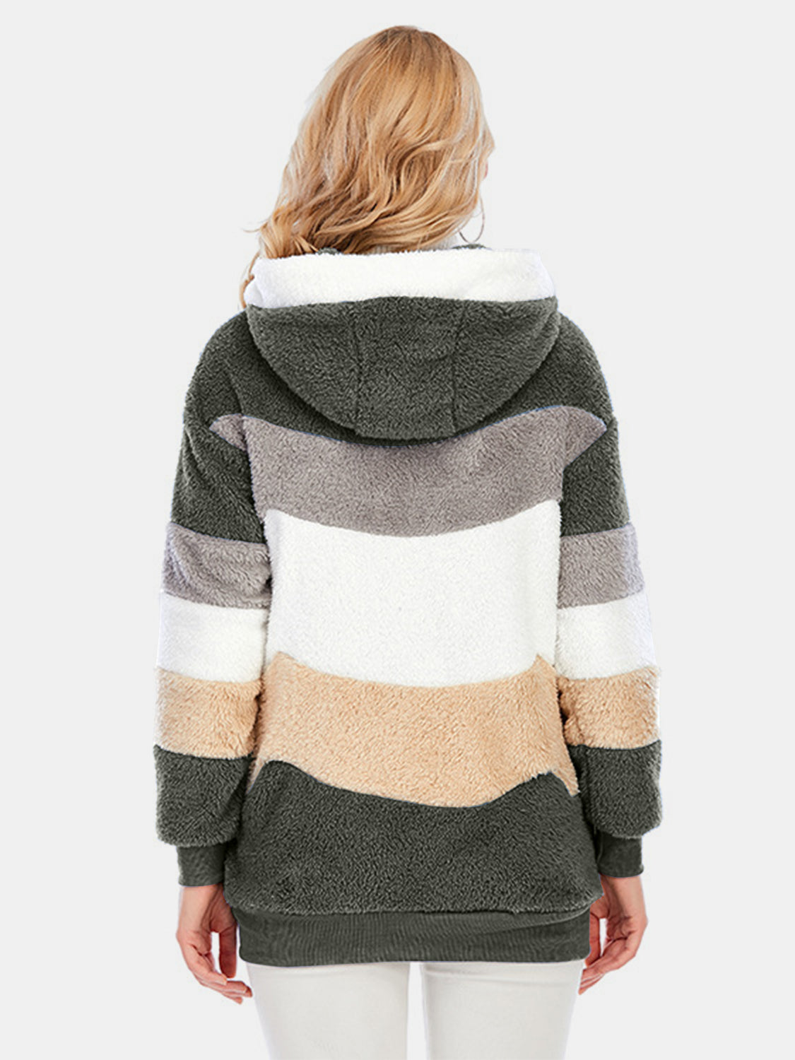 Full Size Drawstring Color Block Zip Up
