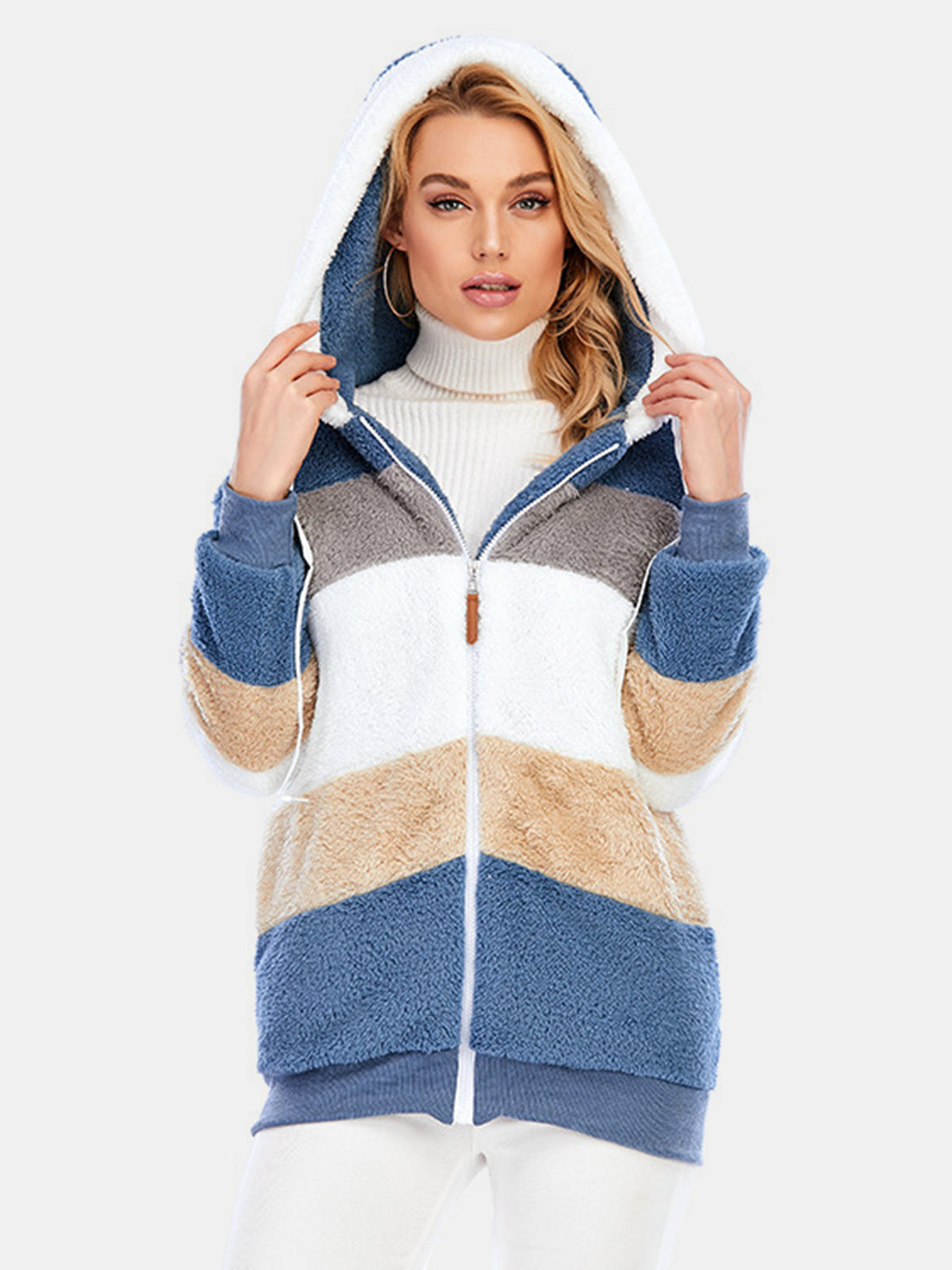 Full Size Drawstring Color Block Zip Up