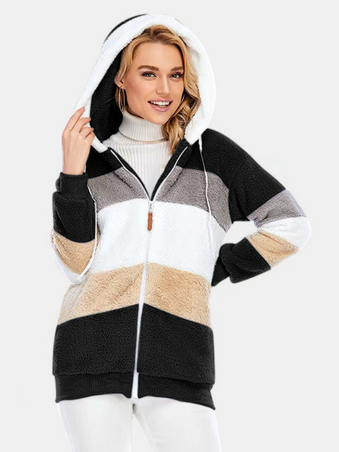 Full Size Drawstring Color Block Zip Up