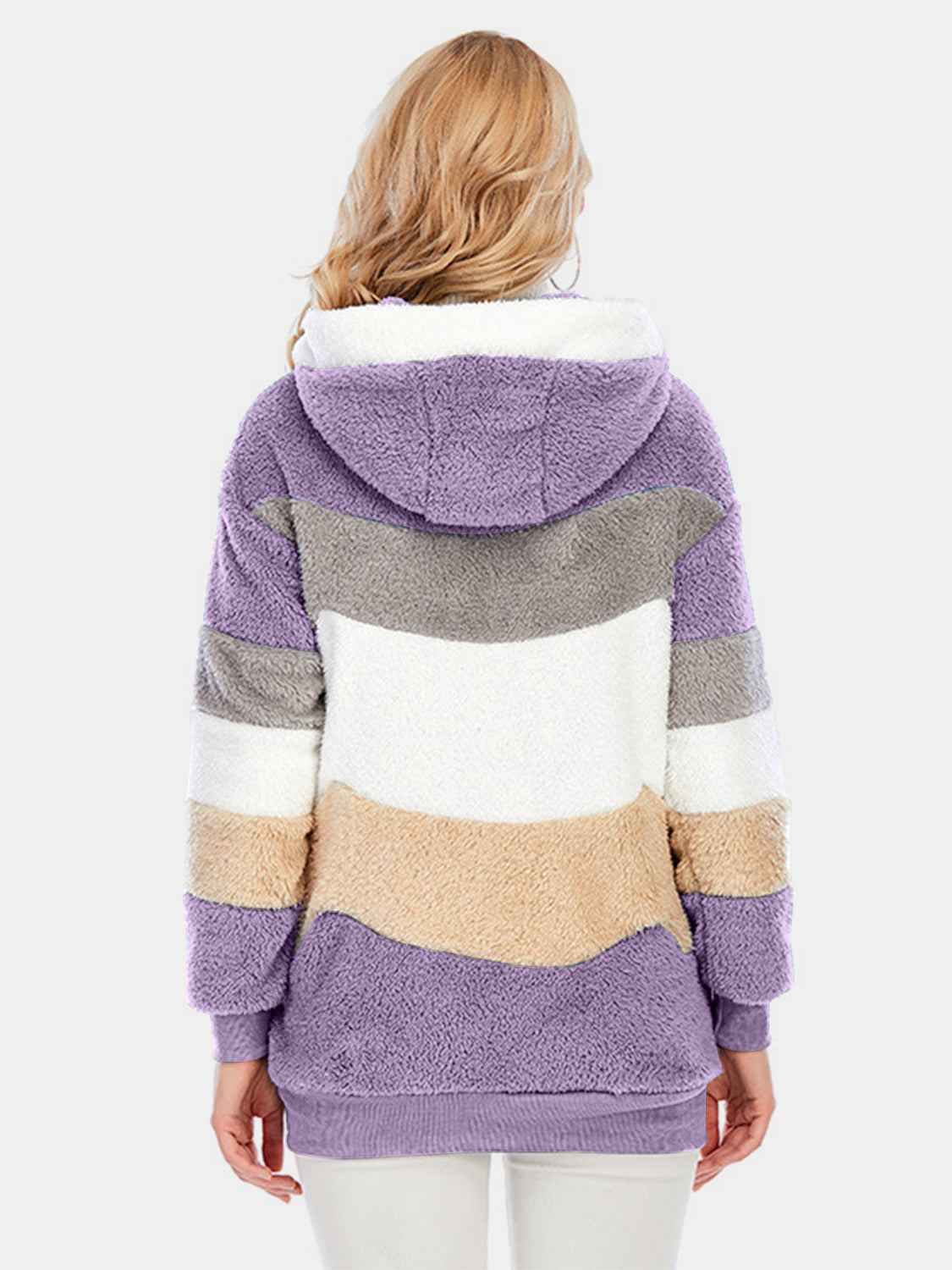 Full Size Drawstring Color Block Zip Up
