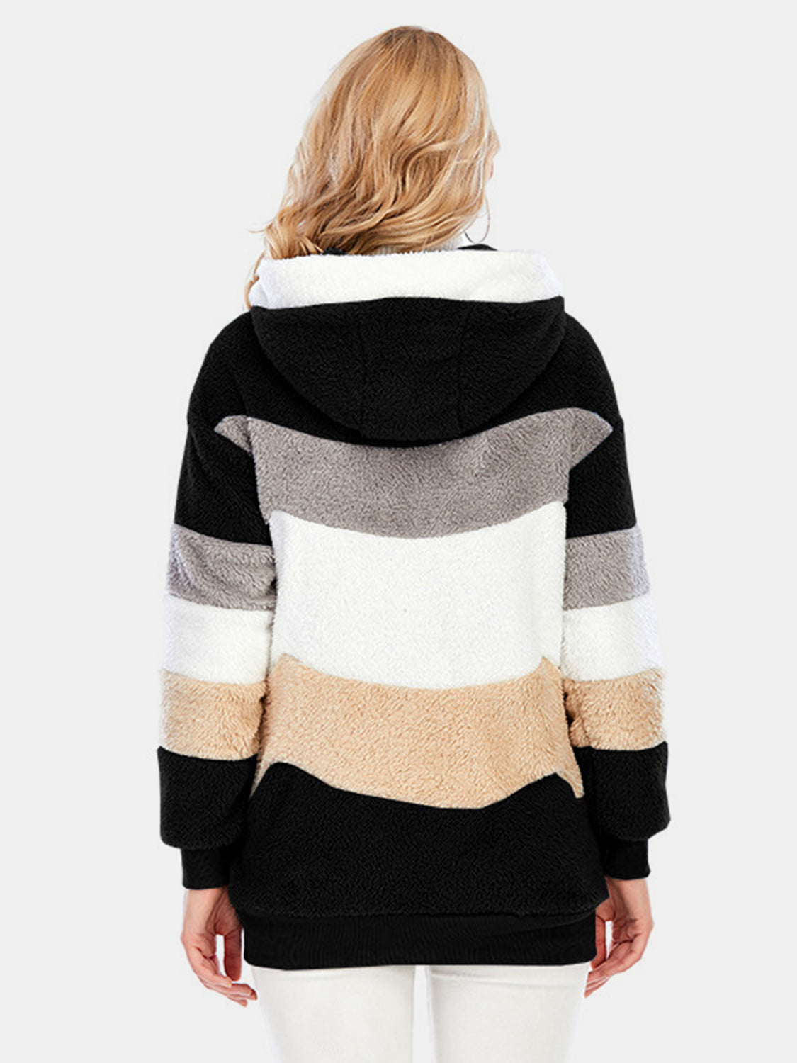 Full Size Drawstring Color Block Zip Up