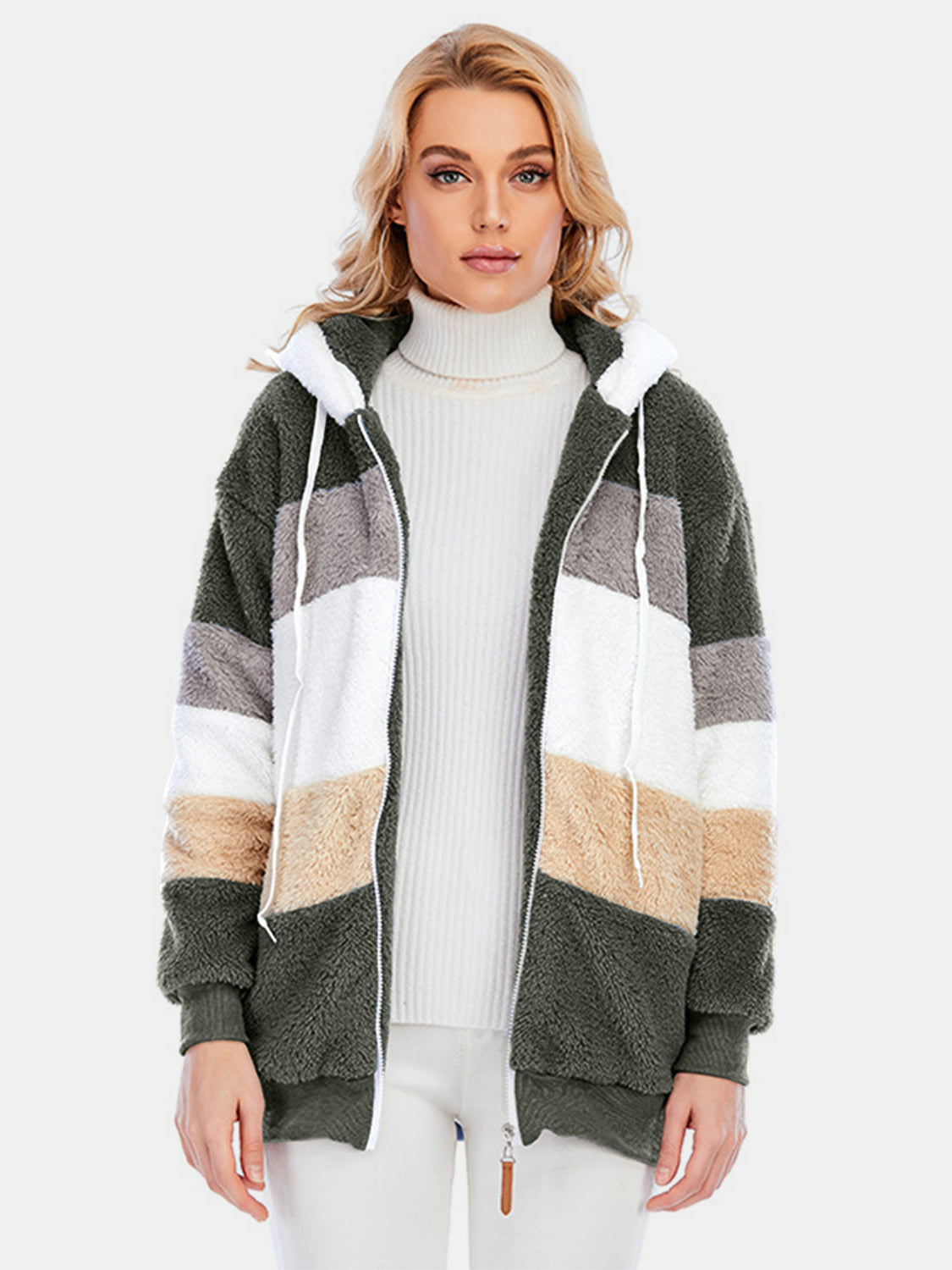 Full Size Drawstring Color Block Zip Up