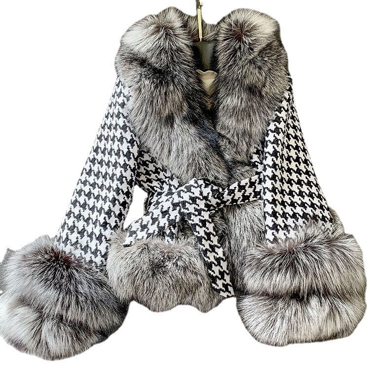 Silver Collar Fox Fur Houndstooth Jacket