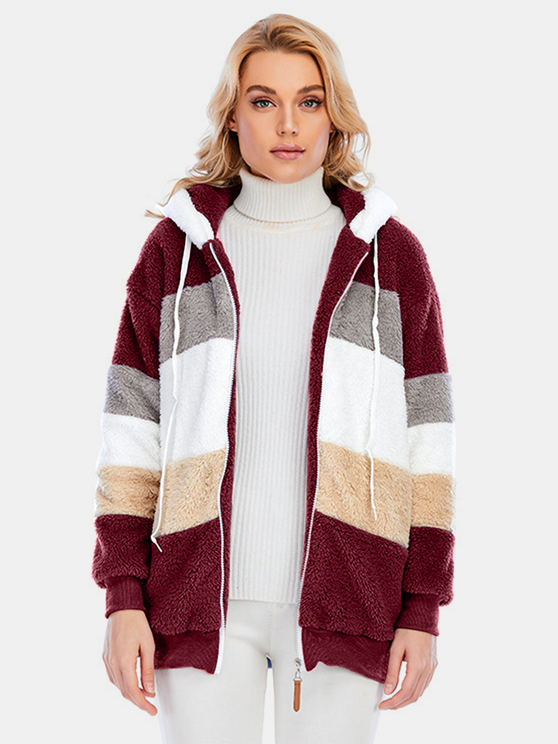 Full Size Drawstring Color Block Zip Up