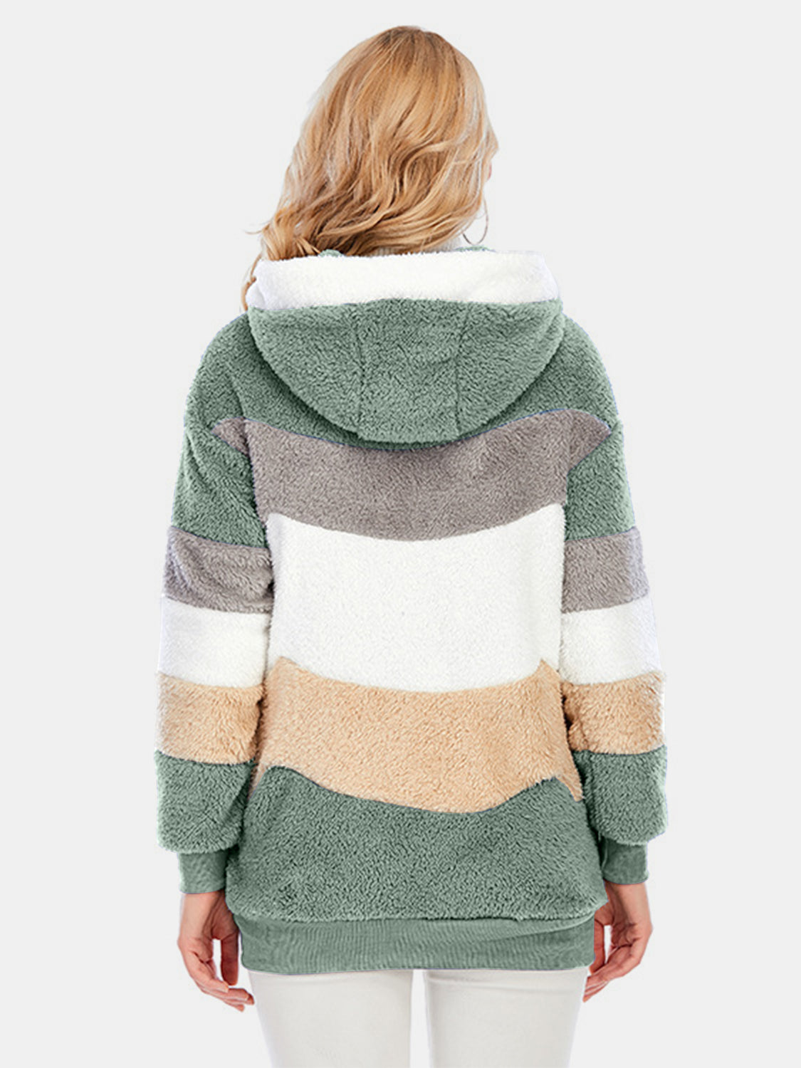 Full Size Drawstring Color Block Zip Up